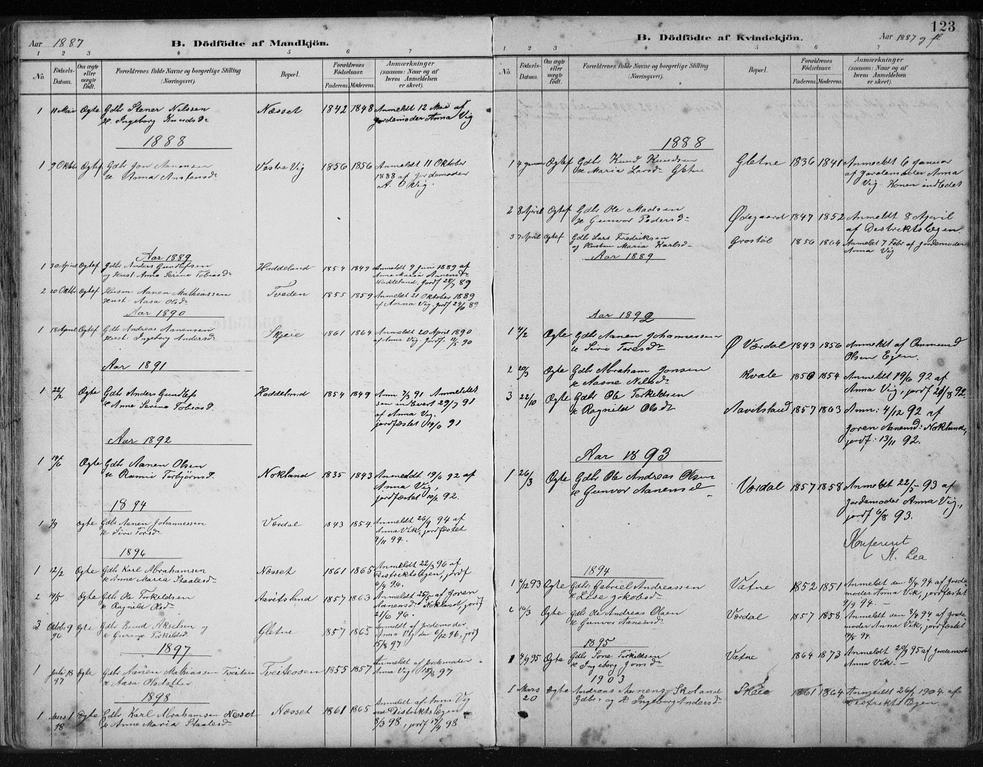Hægebostad sokneprestkontor, SAK/1111-0024/F/Fb/Fbb/L0003: Parish register (copy) no. B 3, 1887-1937, p. 123
