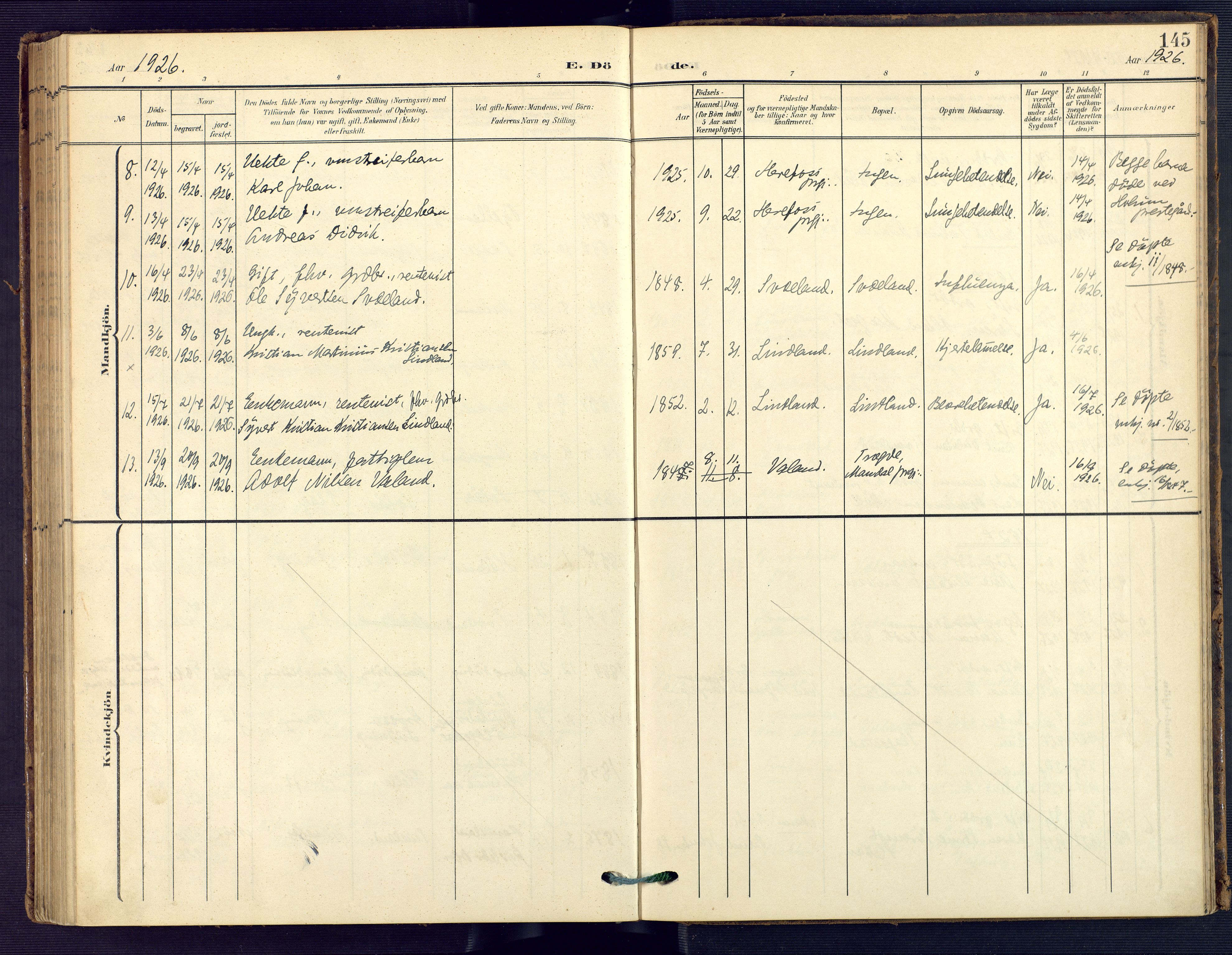 Holum sokneprestkontor, AV/SAK-1111-0022/F/Fa/Faa/L0008: Parish register (official) no. A 8, 1908-1929, p. 145