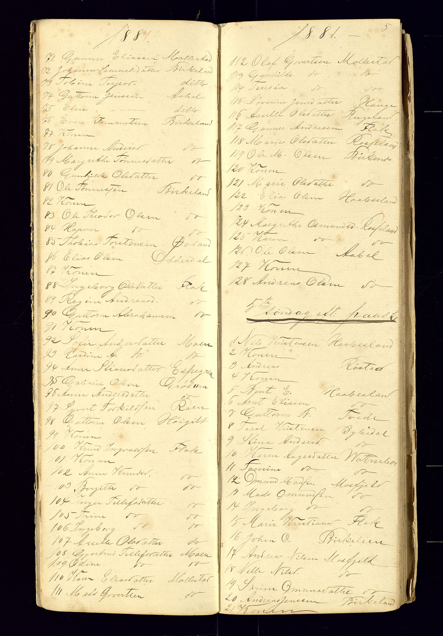 Birkenes sokneprestkontor, AV/SAK-1111-0004/F/Fc/L0007: Communicants register no. C-7, 1881-1891, p. 5