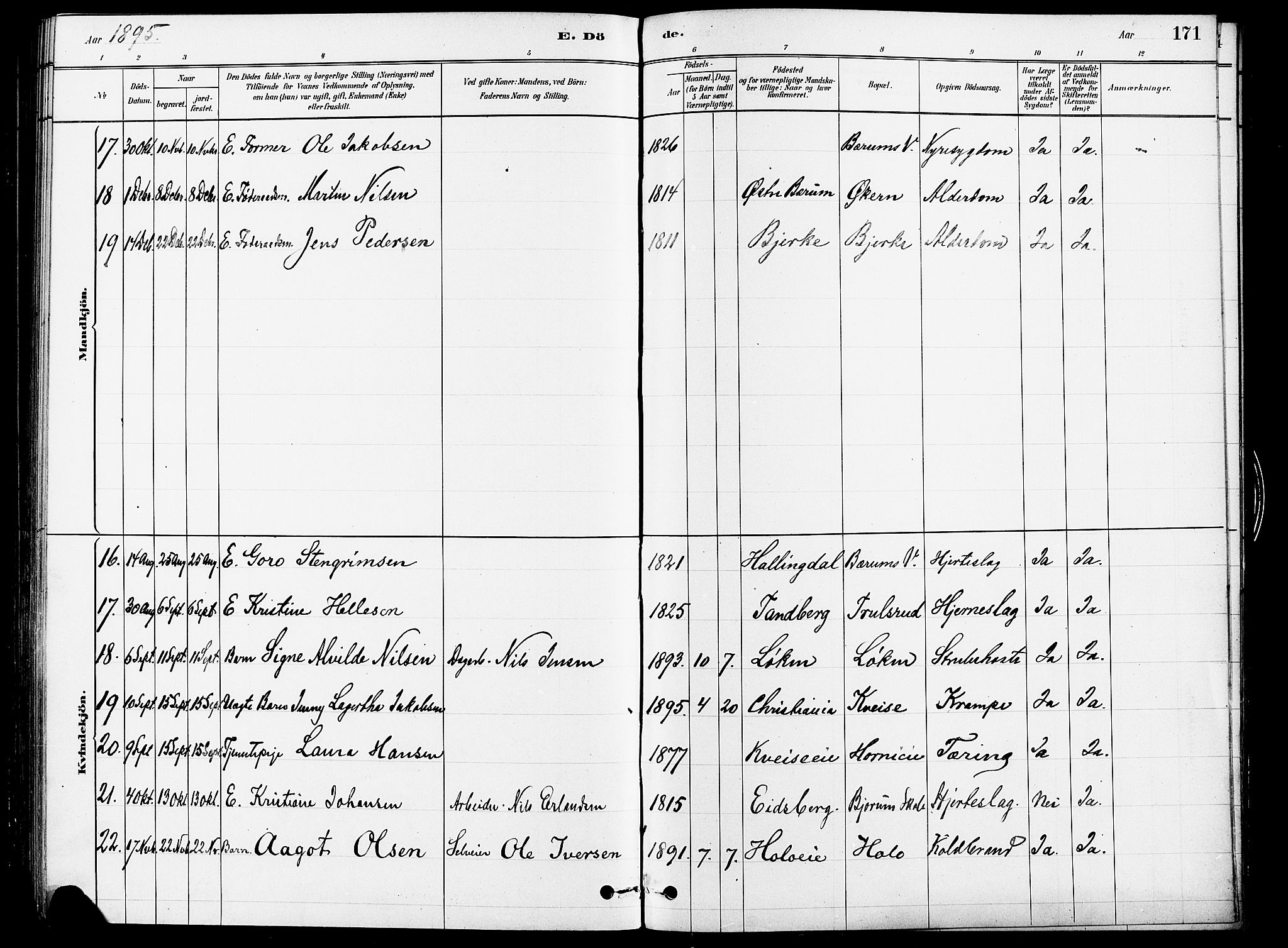 Asker prestekontor Kirkebøker, AV/SAO-A-10256a/F/Fb/L0001: Parish register (official) no. II 1, 1879-1895, p. 171