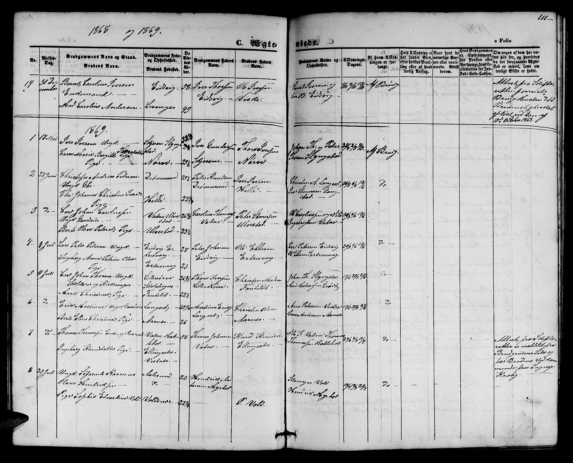 Ministerialprotokoller, klokkerbøker og fødselsregistre - Møre og Romsdal, AV/SAT-A-1454/525/L0375: Parish register (copy) no. 525C01, 1865-1879, p. 111