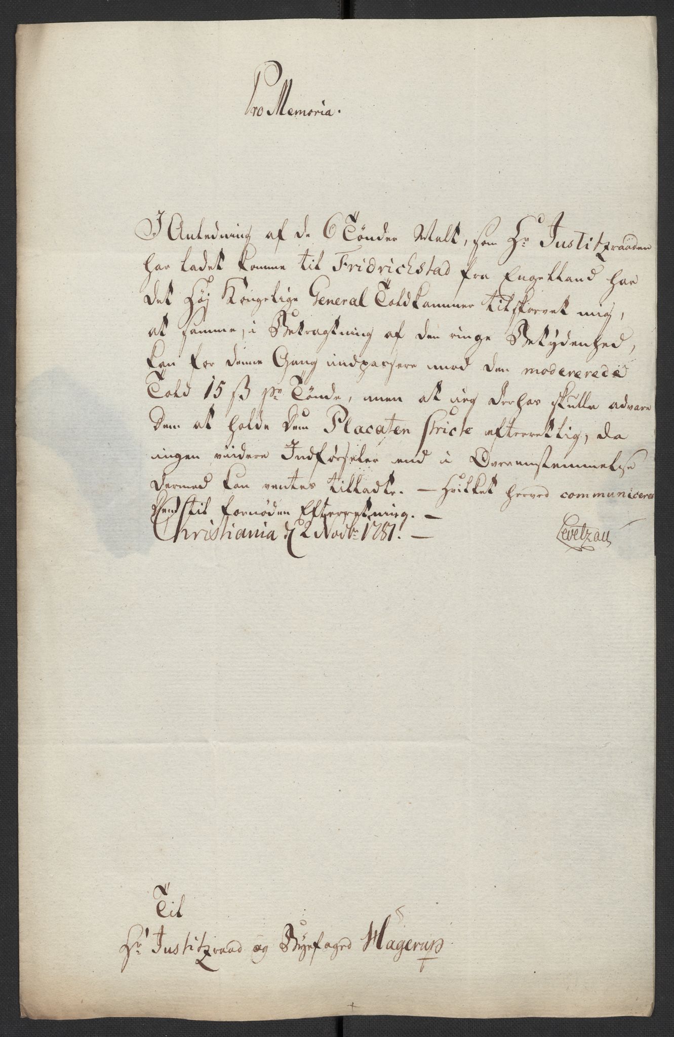 Oslo politidistrikt, AV/SAO-A-10085/D/Da/L0003: Innkomne brev, pro memoria m.v., 1781, p. 52
