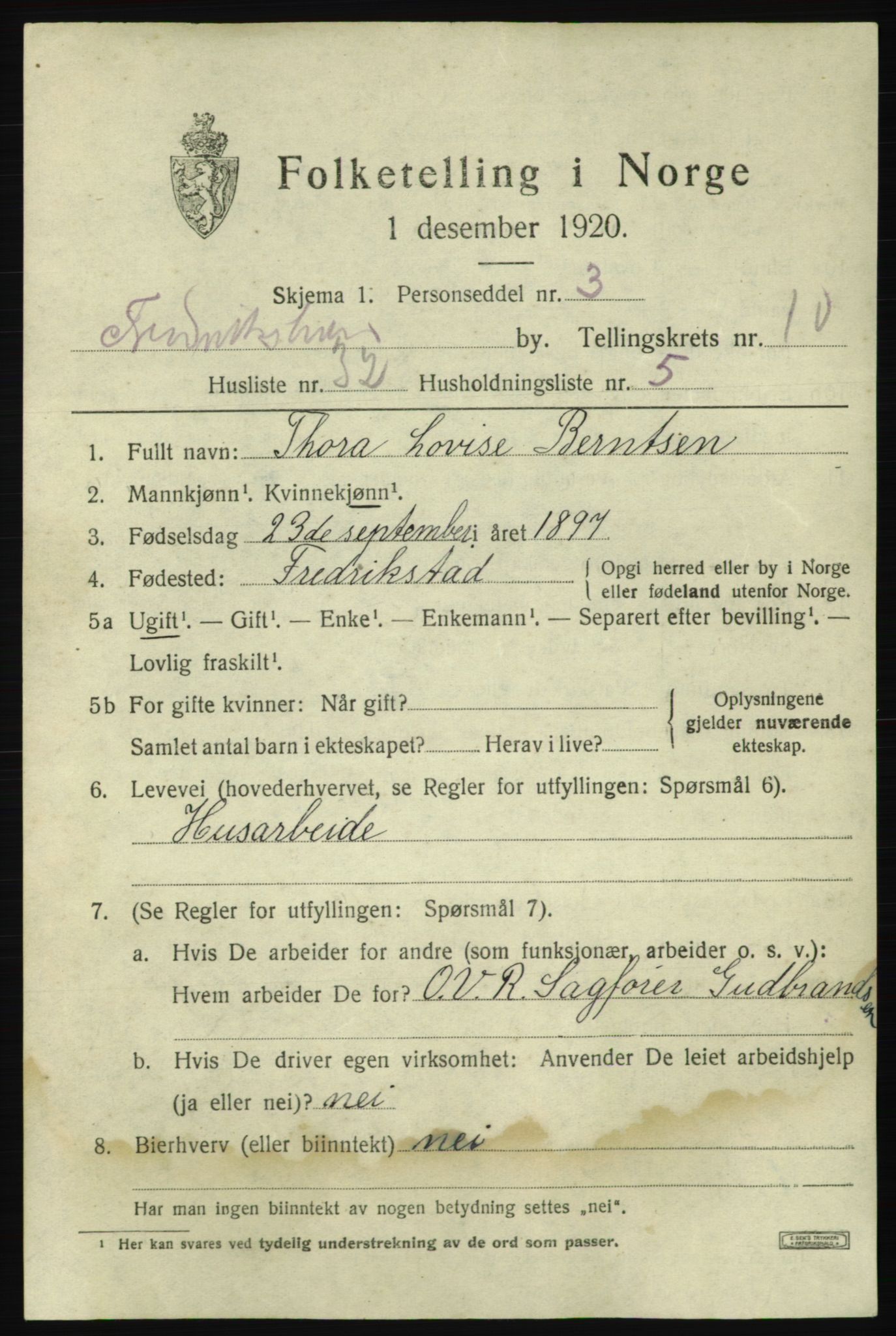 SAO, 1920 census for Fredrikshald, 1920, p. 18455