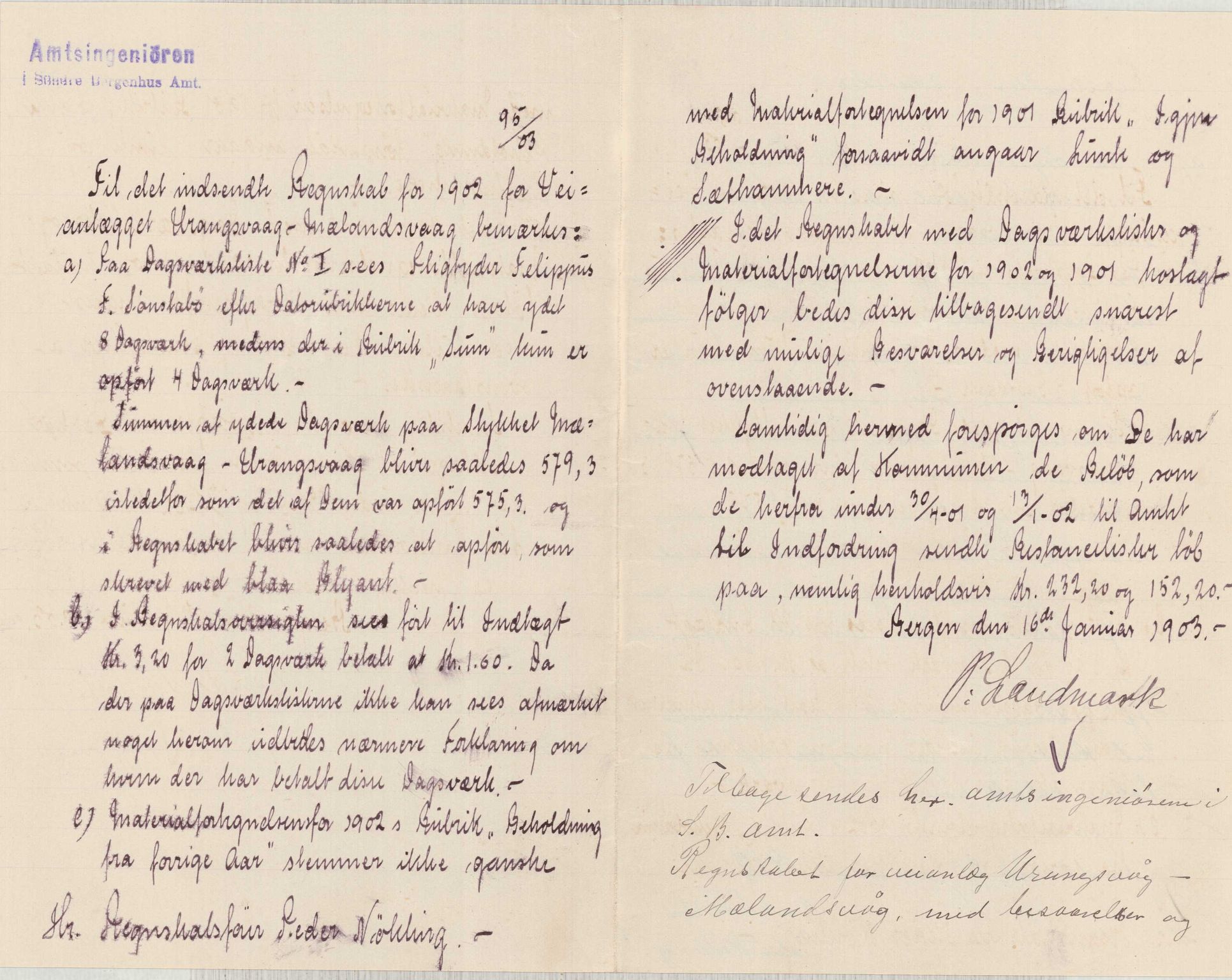 Finnaas kommune. Formannskapet, IKAH/1218a-021/E/Ea/L0002/0002: Rekneskap for veganlegg / Rekneskap for veganlegget Urangsvåg - Mælandsvåg, 1901-1903, p. 129