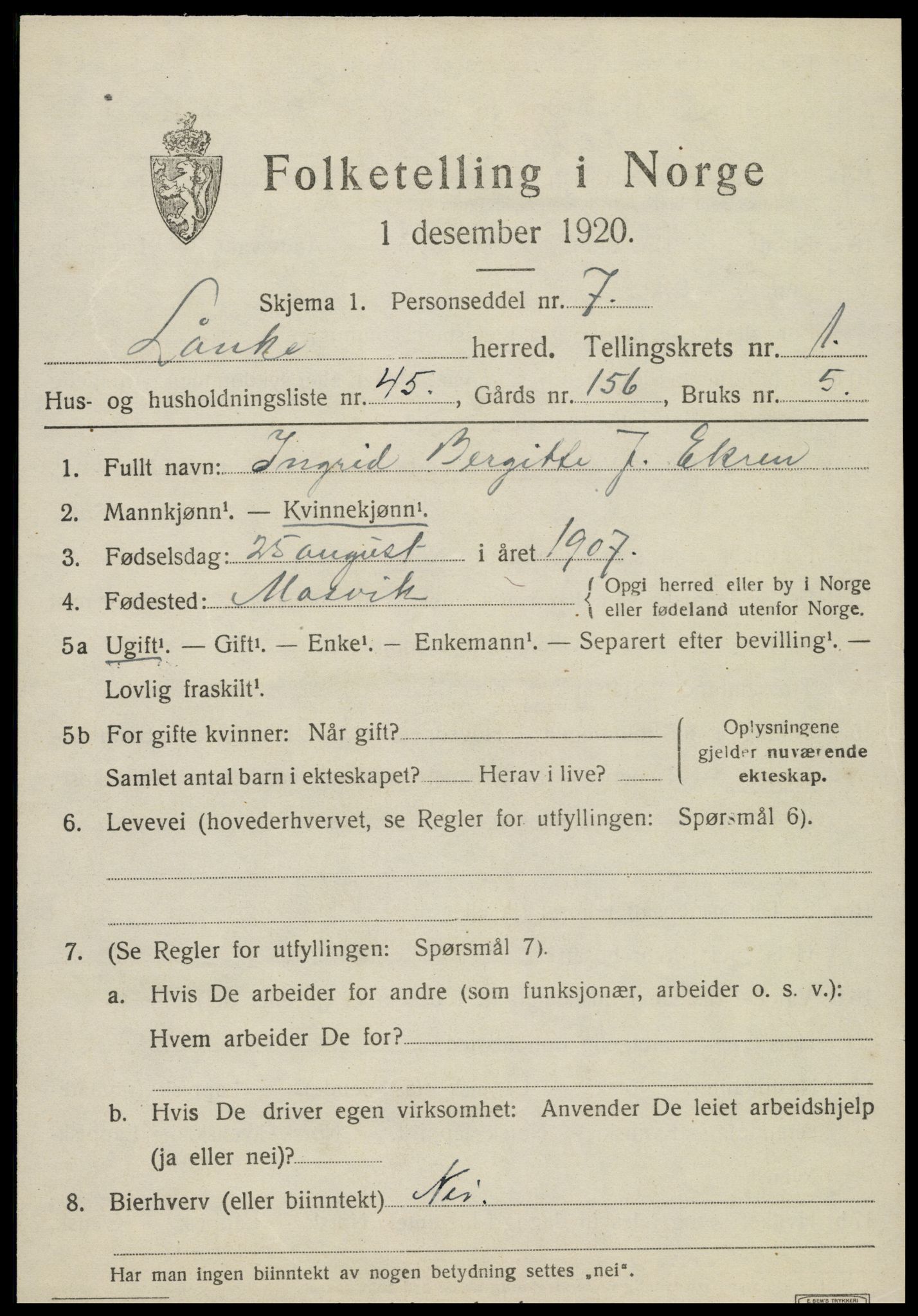 SAT, 1920 census for Lånke, 1920, p. 1036