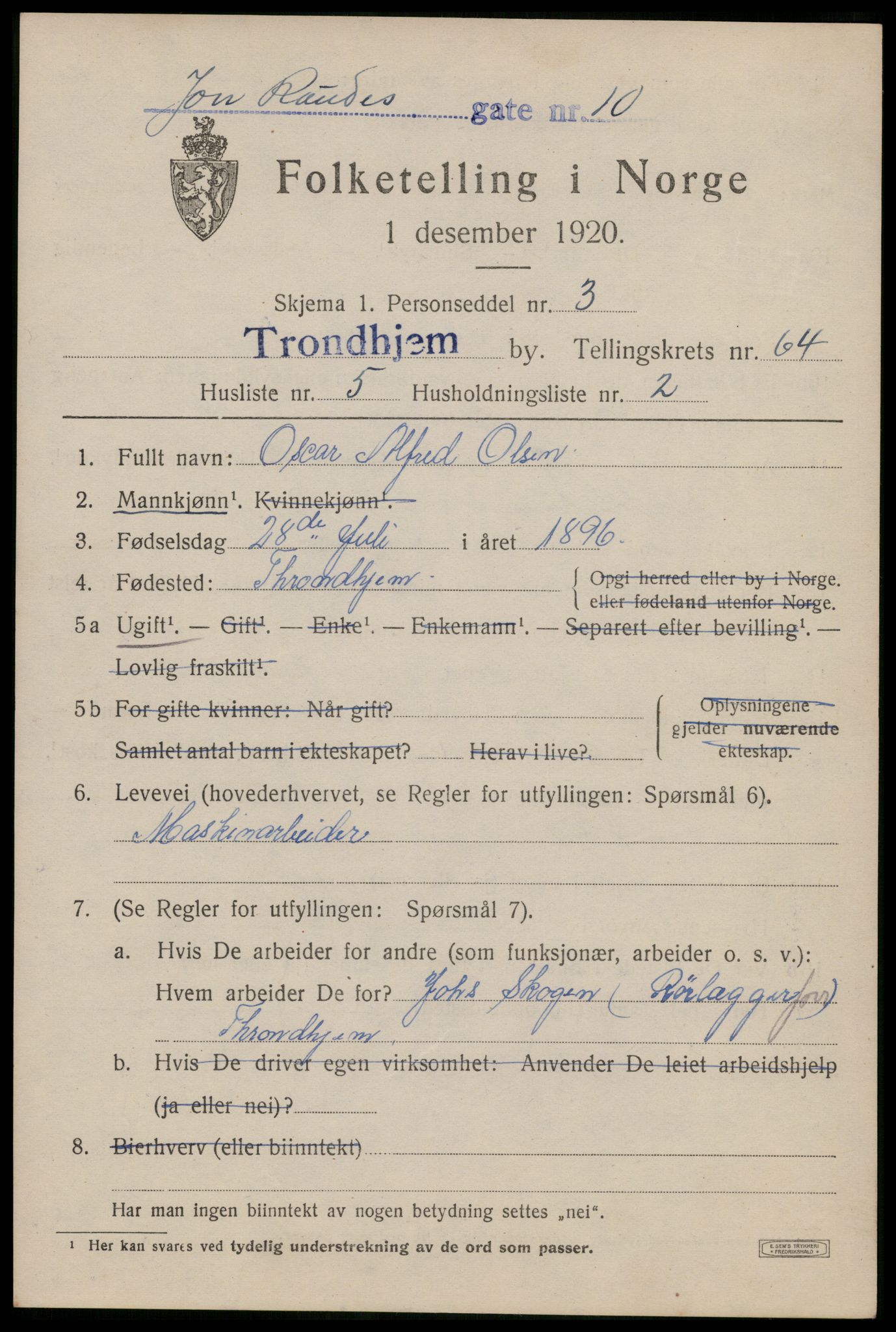 SAT, 1920 census for Trondheim, 1920, p. 127608