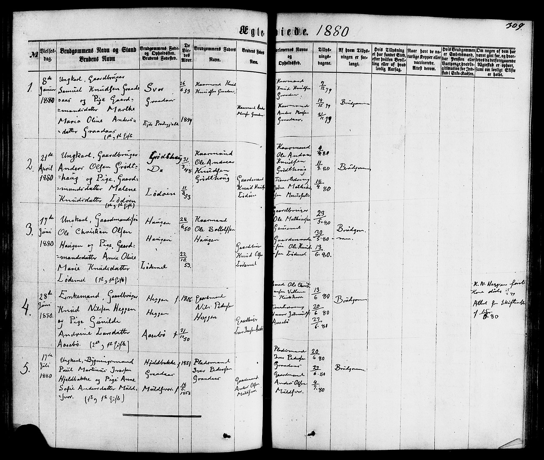 Hornindal sokneprestembete, SAB/A-82401/H/Haa/Haaa/L0002: Parish register (official) no. A 2, 1867-1884, p. 309