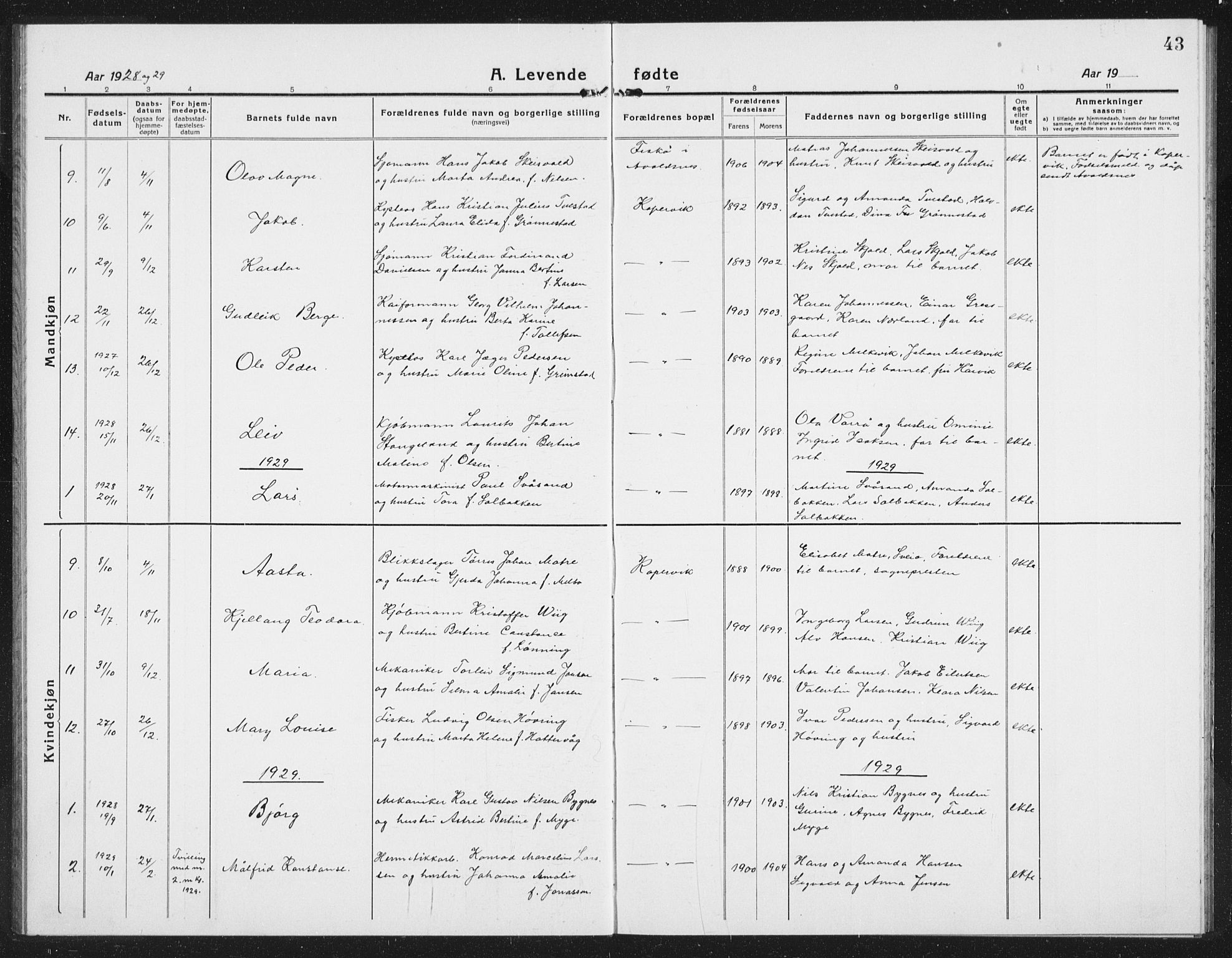 Kopervik sokneprestkontor, SAST/A-101850/H/Ha/Hab/L0006: Parish register (copy) no. B 6, 1918-1942, p. 43