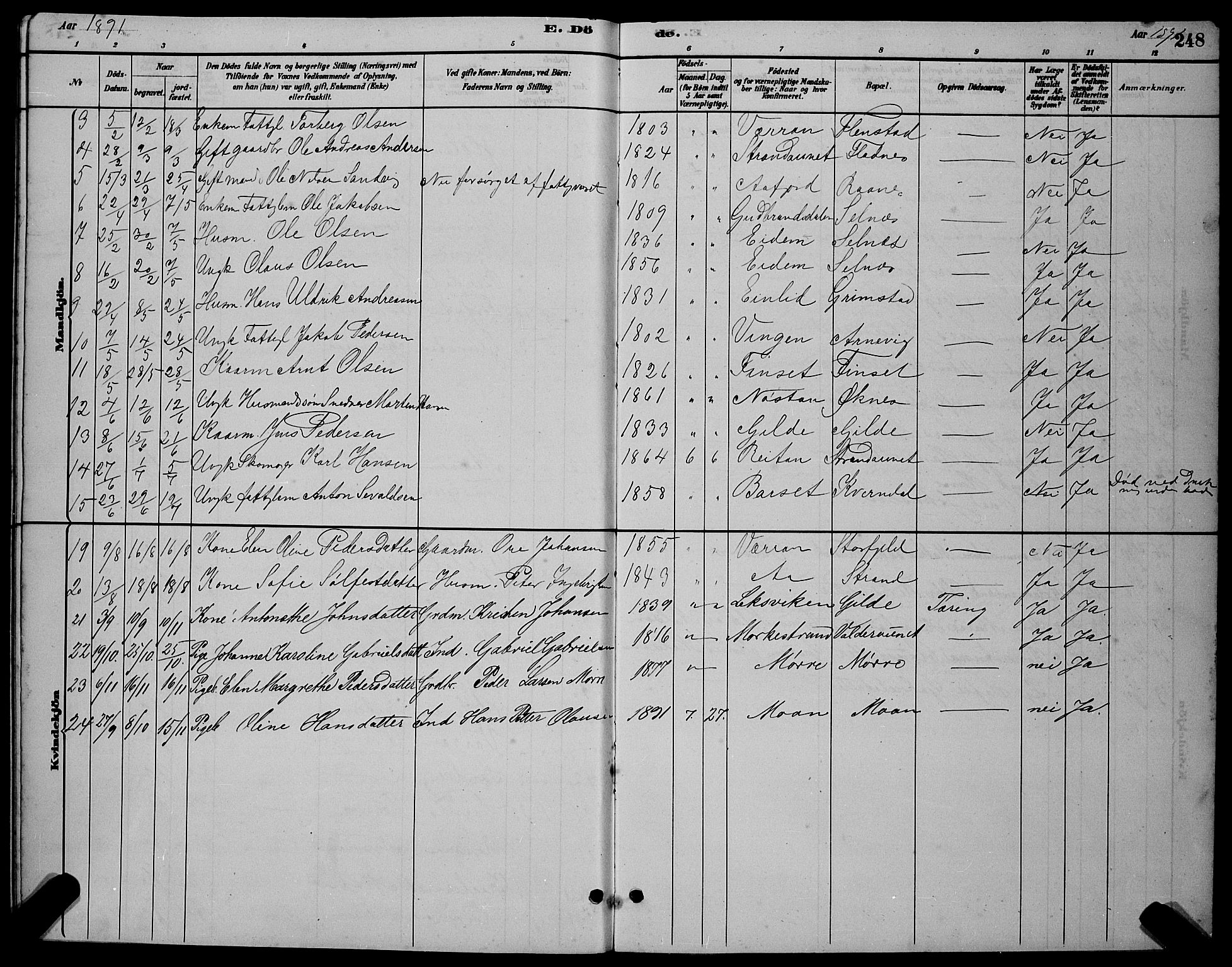 Ministerialprotokoller, klokkerbøker og fødselsregistre - Sør-Trøndelag, AV/SAT-A-1456/655/L0687: Parish register (copy) no. 655C03, 1880-1898, p. 248