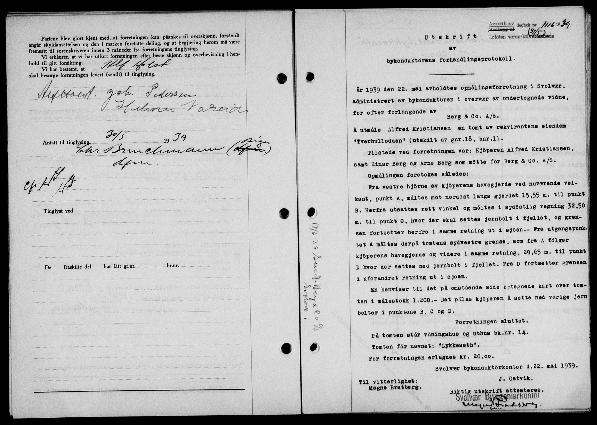Lofoten sorenskriveri, SAT/A-0017/1/2/2C/L0005a: Mortgage book no. 5a, 1939-1939, Diary no: : 1116/1939