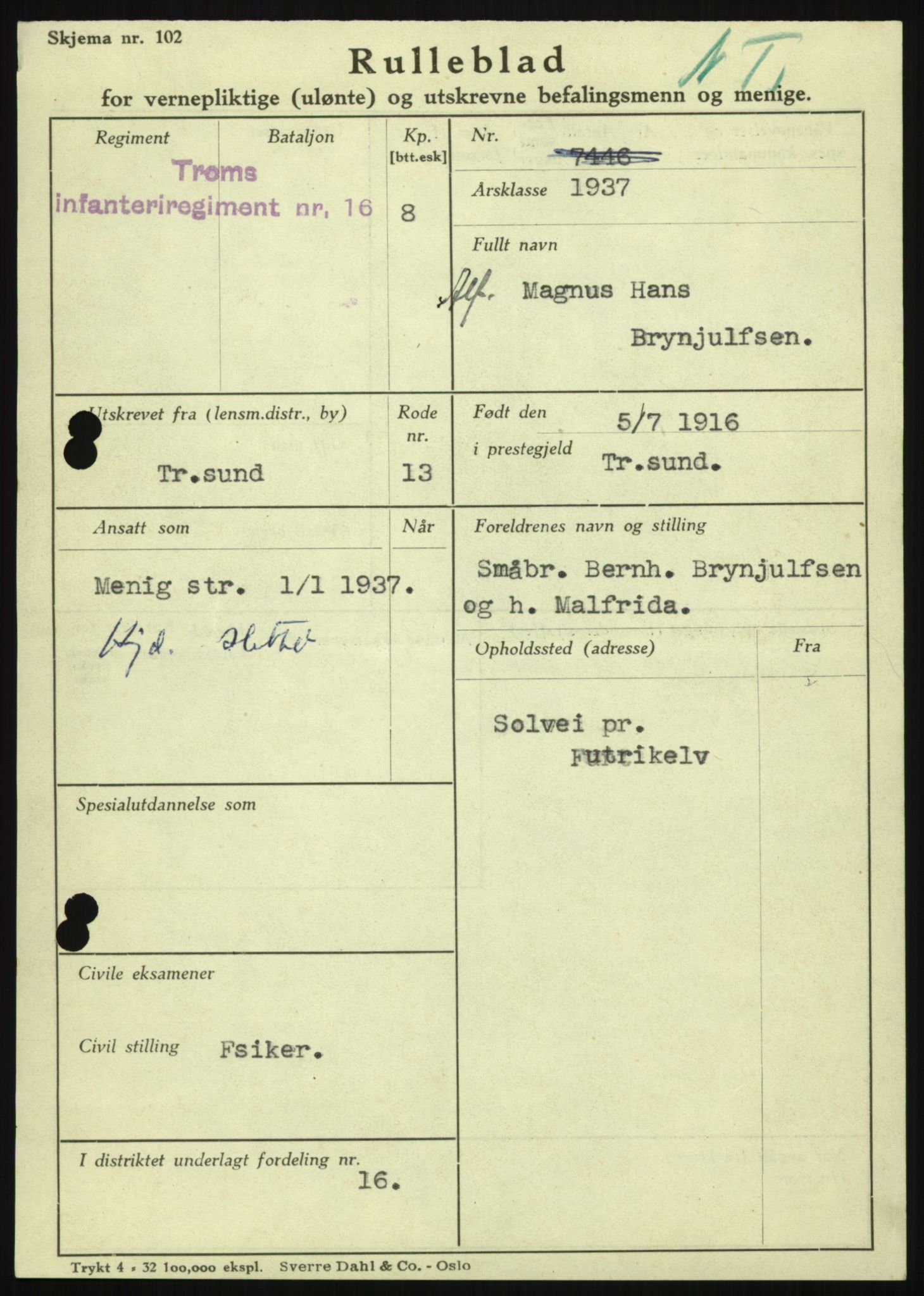 Forsvaret, Troms infanteriregiment nr. 16, AV/RA-RAFA-3146/P/Pa/L0021: Rulleblad for regimentets menige mannskaper, årsklasse 1937, 1937, p. 83