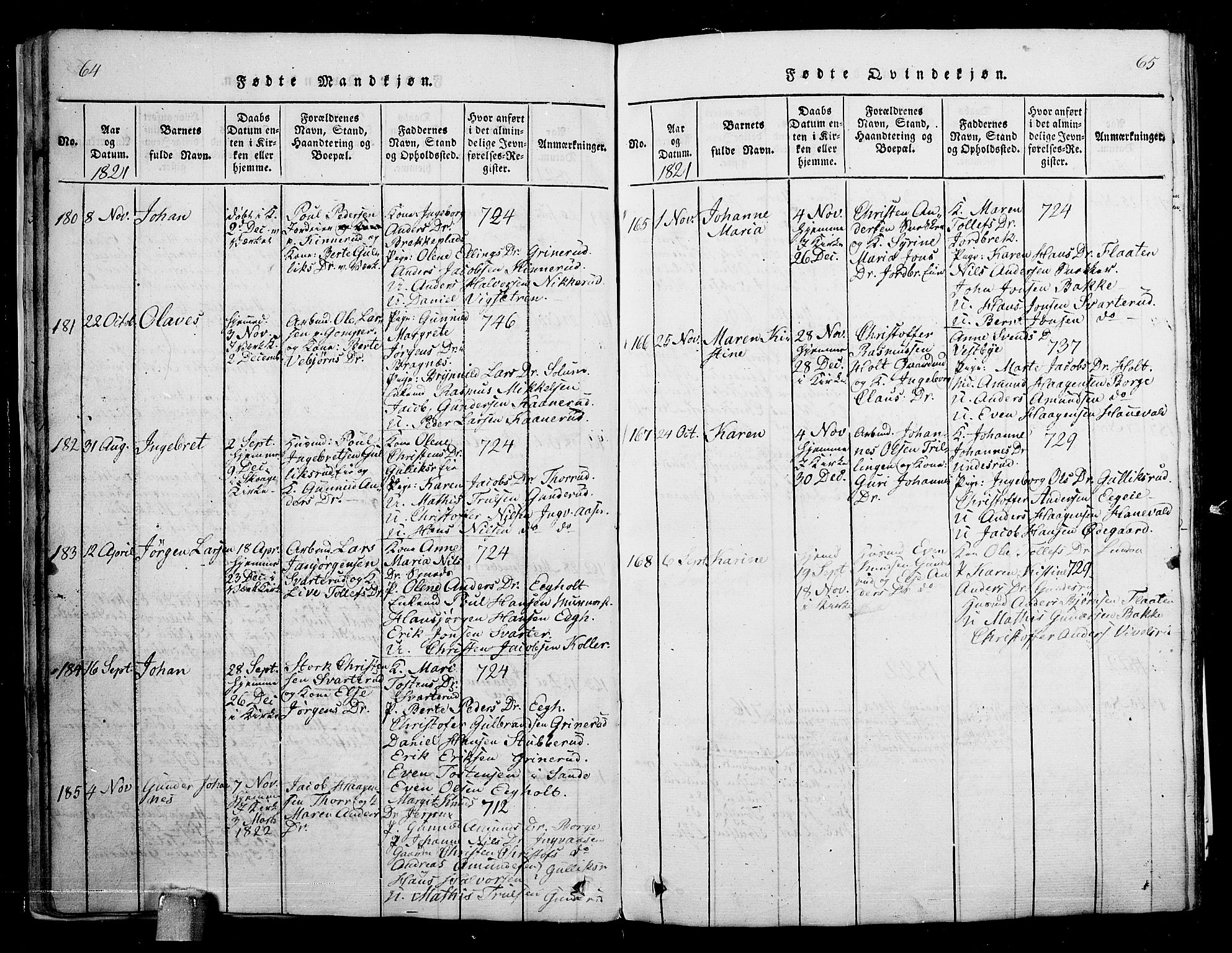 Skoger kirkebøker, AV/SAKO-A-59/G/Ga/L0001: Parish register (copy) no. I 1, 1814-1845, p. 64-65