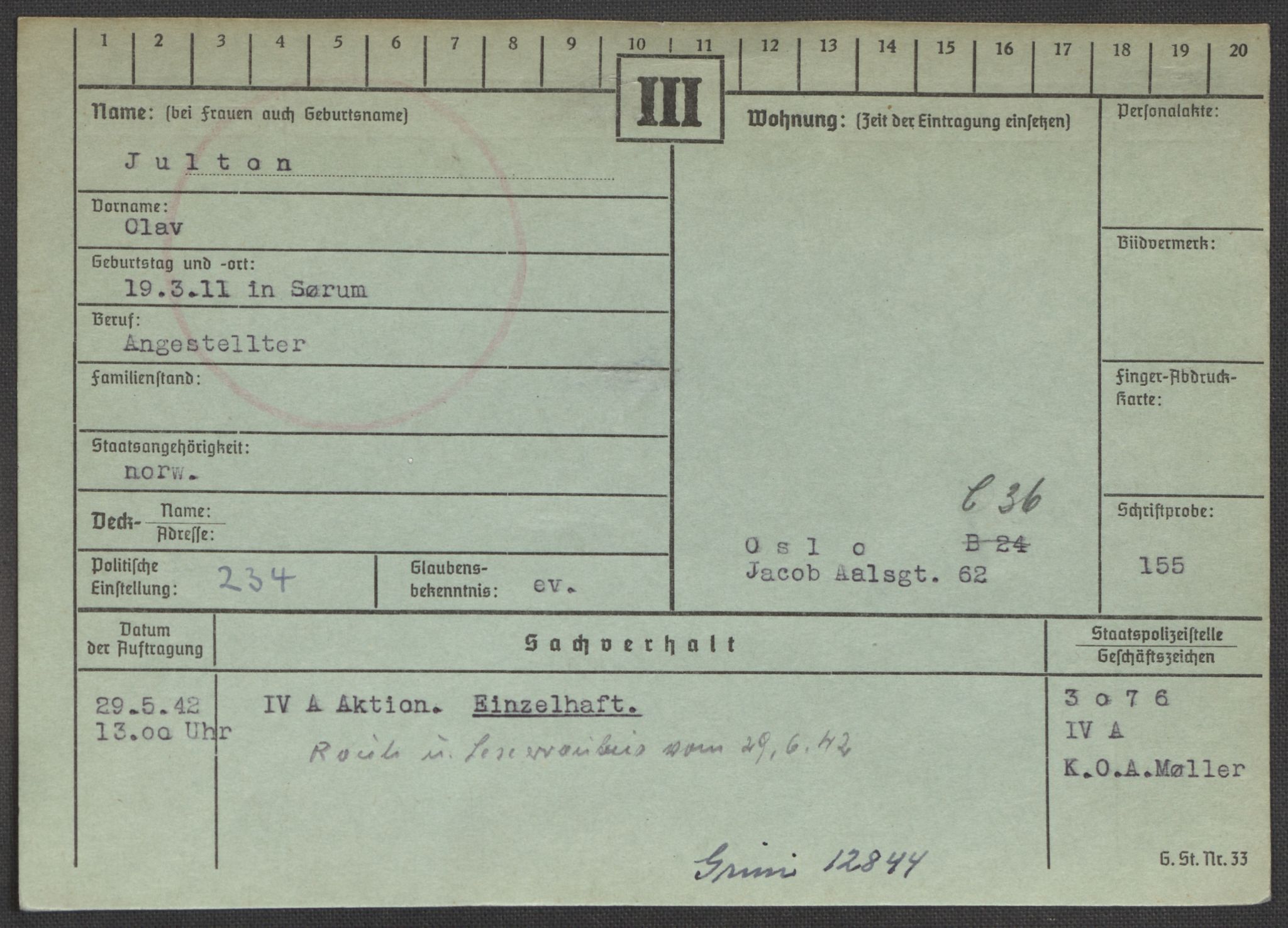 Befehlshaber der Sicherheitspolizei und des SD, RA/RAFA-5969/E/Ea/Eaa/L0005: Register over norske fanger i Møllergata 19: Hø-Kj, 1940-1945, p. 1061