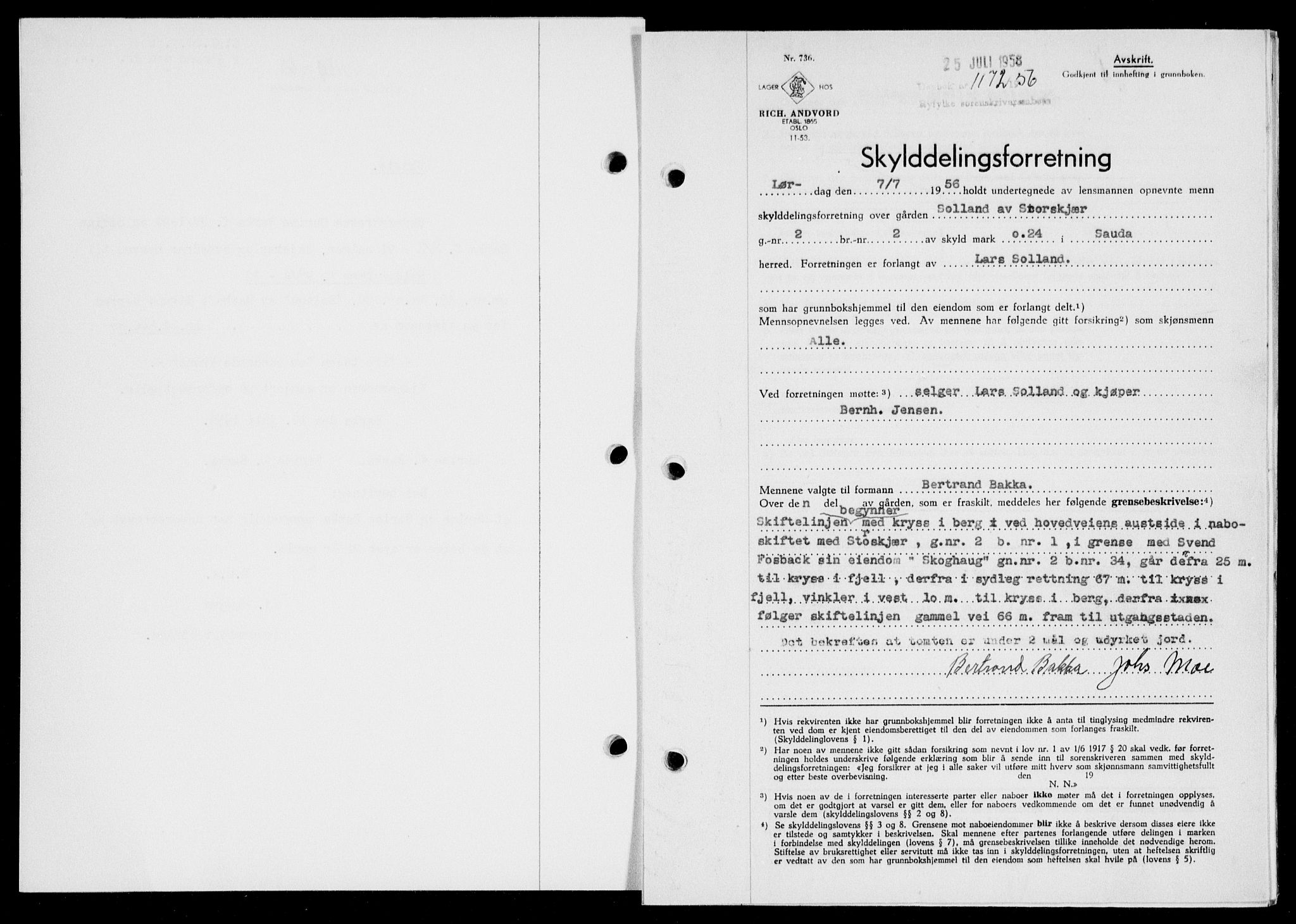 Ryfylke tingrett, SAST/A-100055/001/II/IIB/L0134: Mortgage book no. 113, 1956-1956, Diary no: : 1172/1956