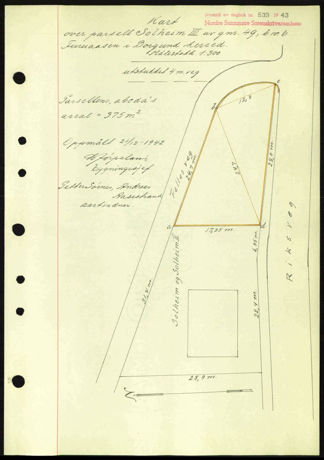 Nordre Sunnmøre sorenskriveri, AV/SAT-A-0006/1/2/2C/2Ca: Mortgage book no. A15, 1942-1943, Diary no: : 533/1943