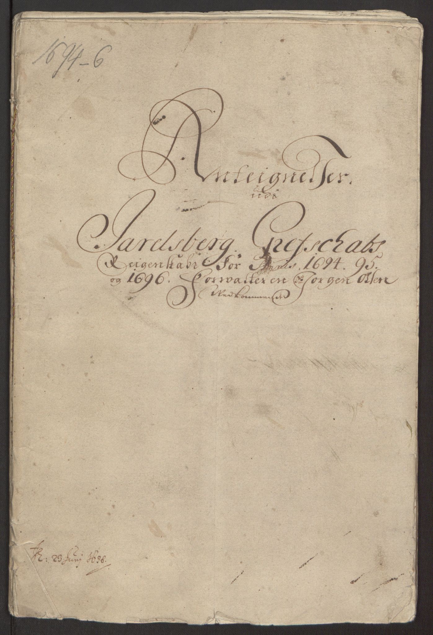 Rentekammeret inntil 1814, Reviderte regnskaper, Fogderegnskap, RA/EA-4092/R32/L1867: Fogderegnskap Jarlsberg grevskap, 1694-1696, p. 389