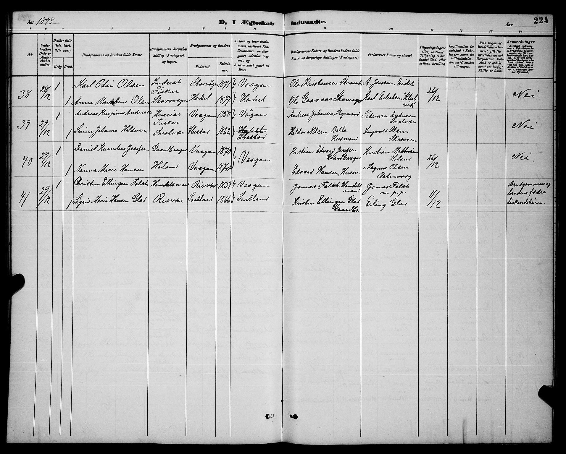 Ministerialprotokoller, klokkerbøker og fødselsregistre - Nordland, AV/SAT-A-1459/874/L1077: Parish register (copy) no. 874C06, 1891-1900, p. 224