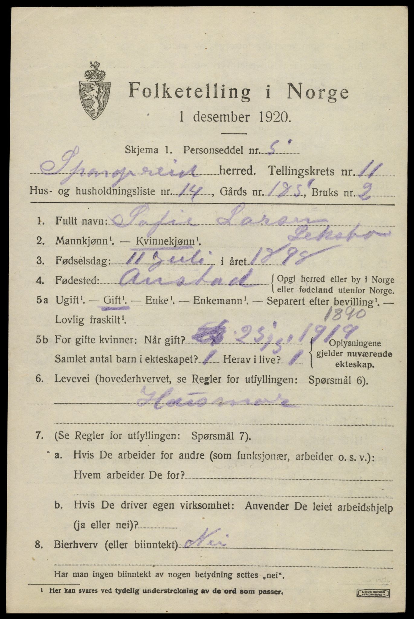 SAK, 1920 census for Spangereid, 1920, p. 3805