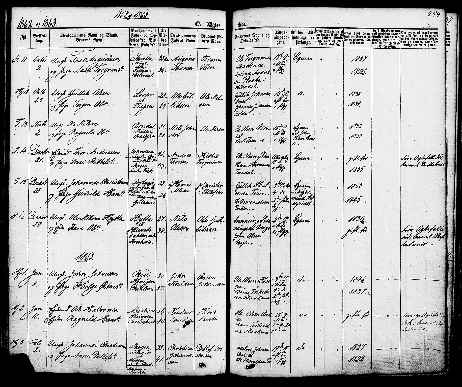 Hjartdal kirkebøker, SAKO/A-270/F/Fa/L0009: Parish register (official) no. I 9, 1860-1879, p. 254