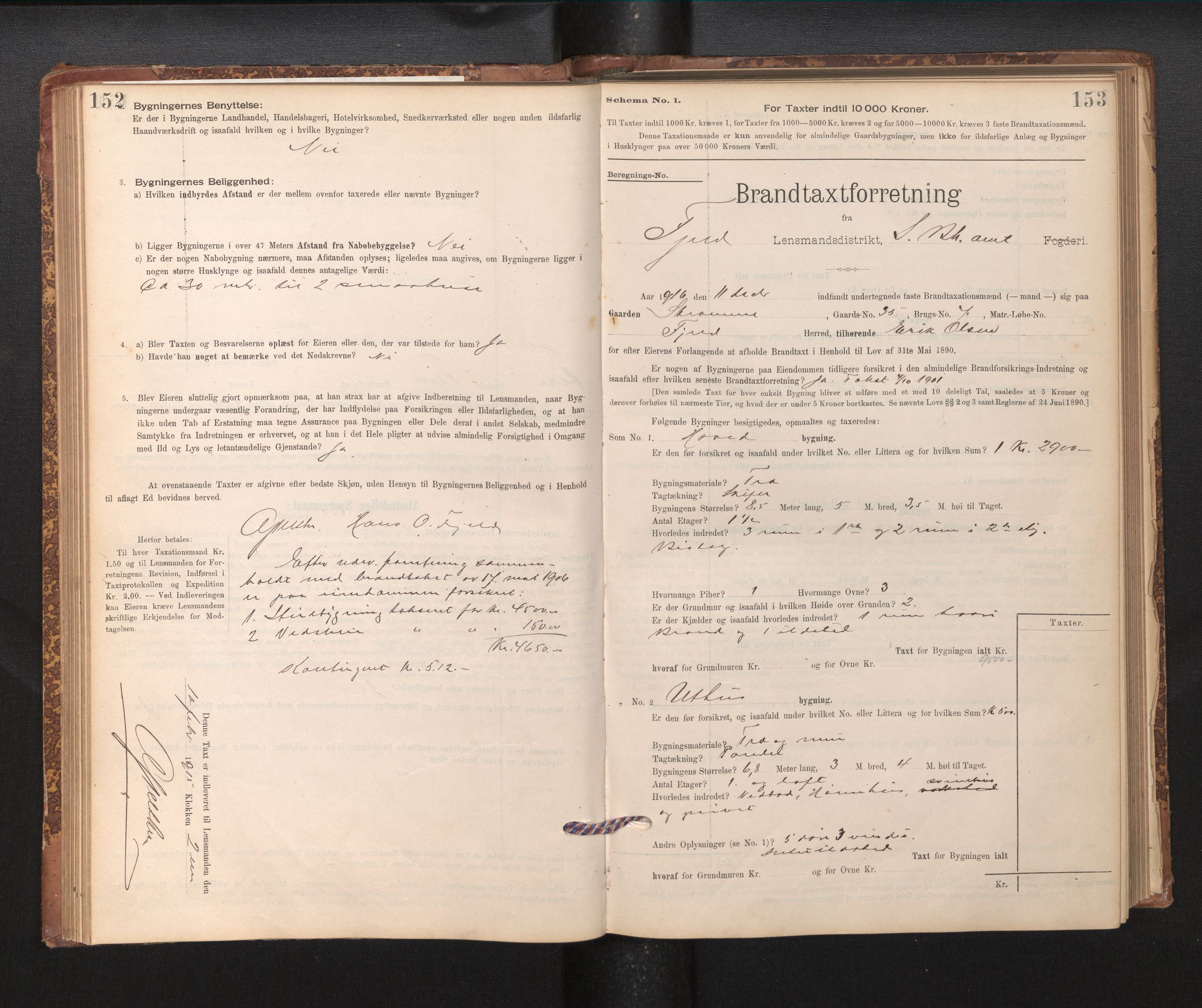 Lensmannen i Fjell, SAB/A-32301/0012/L0005: Branntakstprotokoll, skjematakst, 1895-1931, p. 152-153