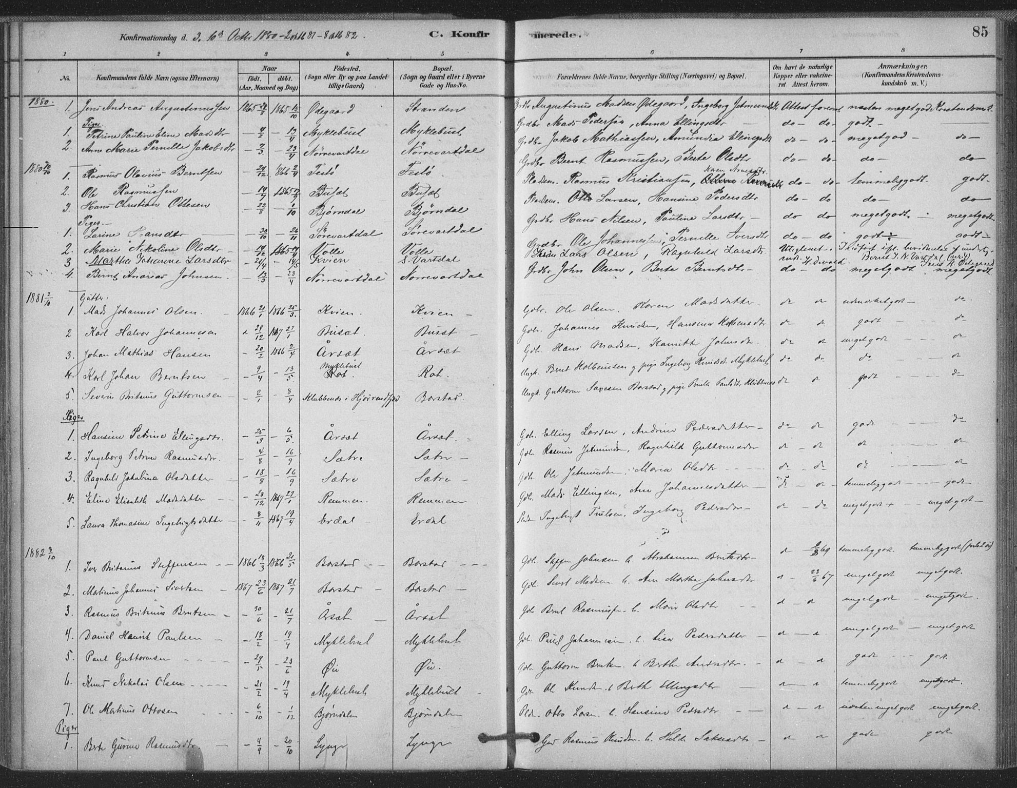 Ministerialprotokoller, klokkerbøker og fødselsregistre - Møre og Romsdal, AV/SAT-A-1454/514/L0199: Parish register (official) no. 514A01, 1878-1912, p. 85