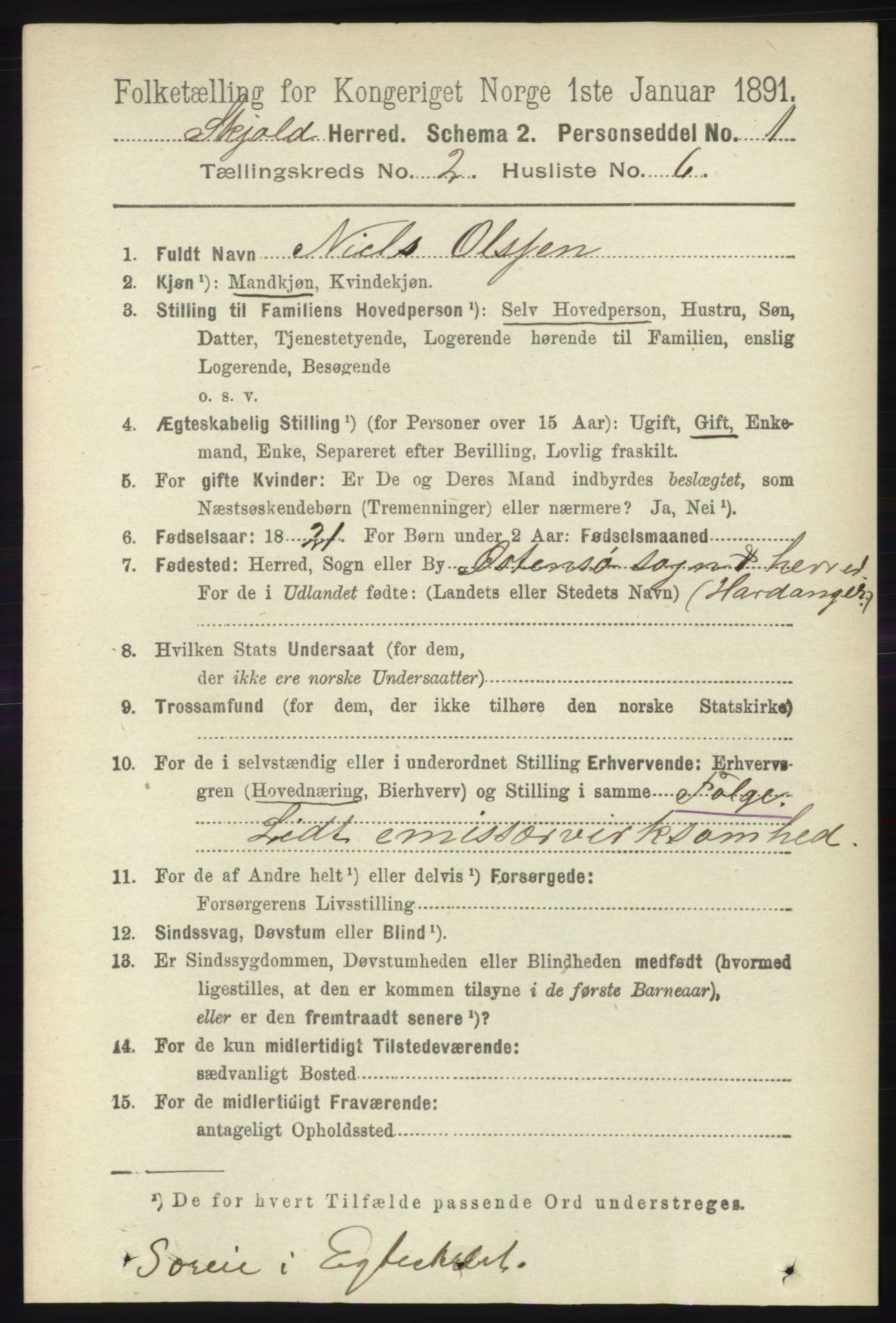 RA, 1891 census for 1154 Skjold, 1891, p. 311