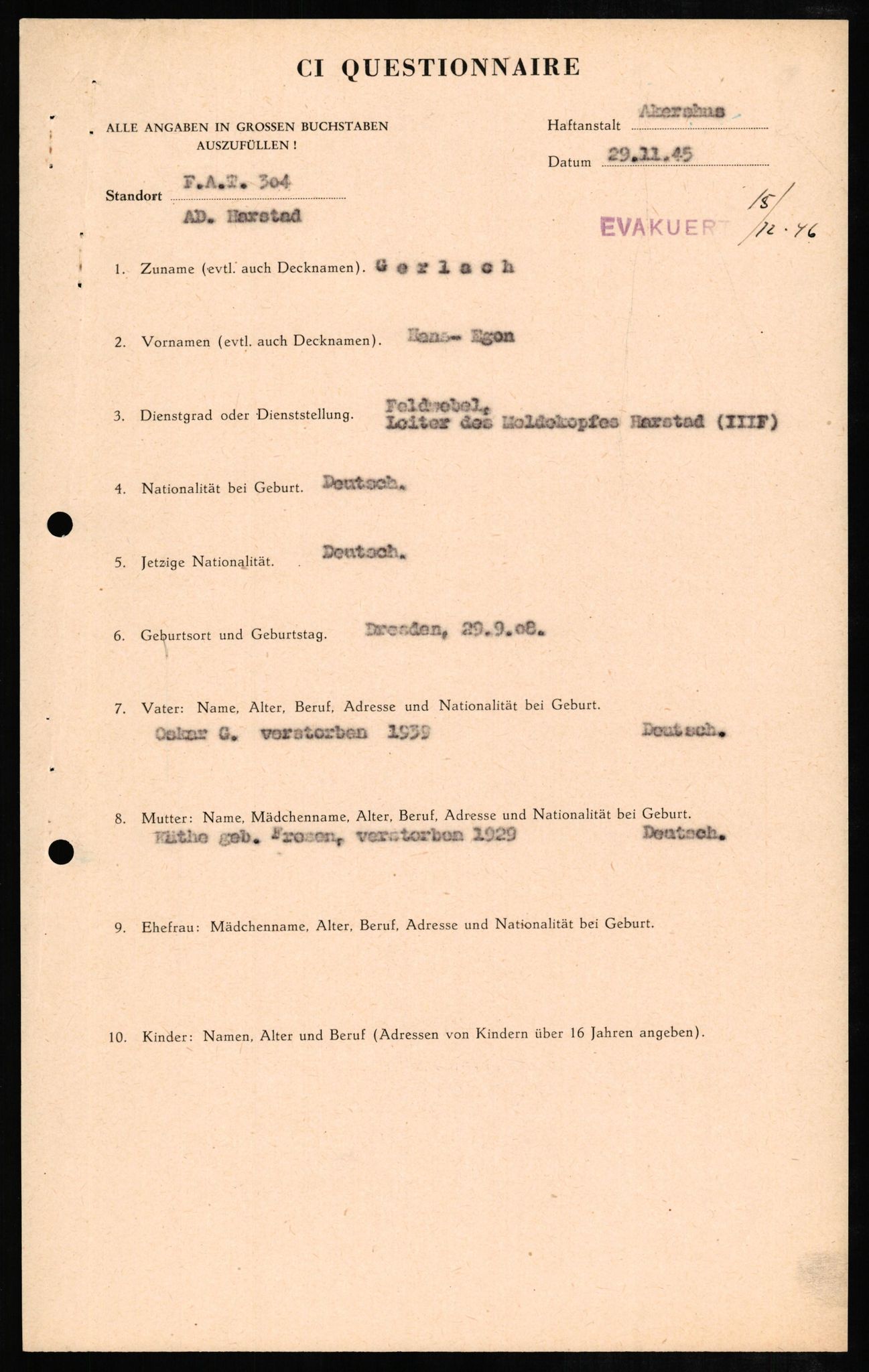 Forsvaret, Forsvarets overkommando II, AV/RA-RAFA-3915/D/Db/L0009: CI Questionaires. Tyske okkupasjonsstyrker i Norge. Tyskere., 1945-1946, p. 405