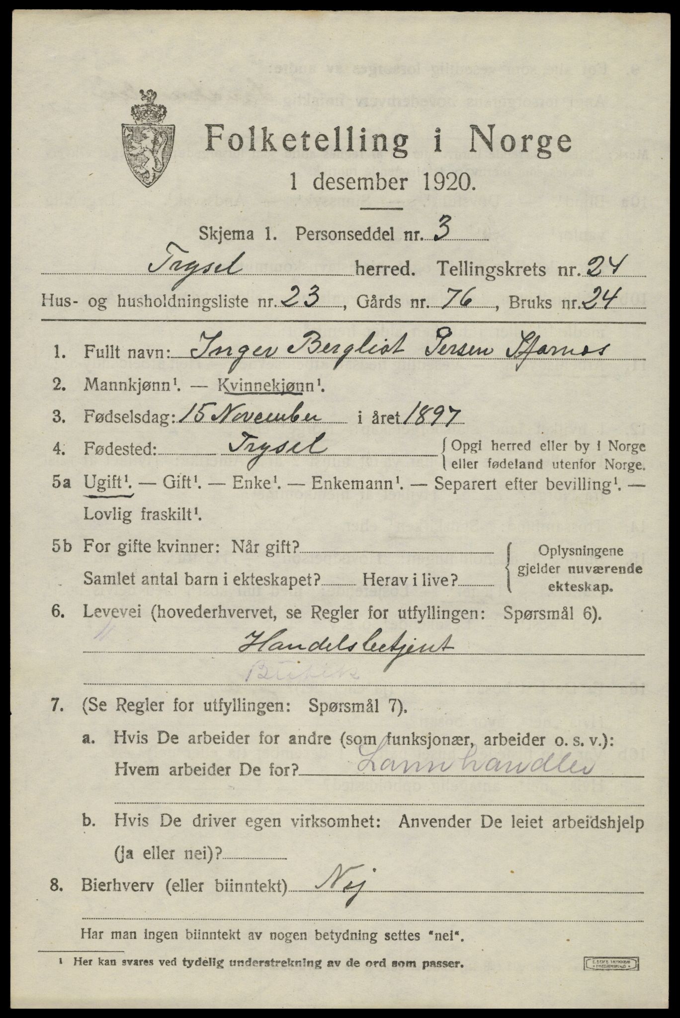 SAH, 1920 census for Trysil, 1920, p. 15501