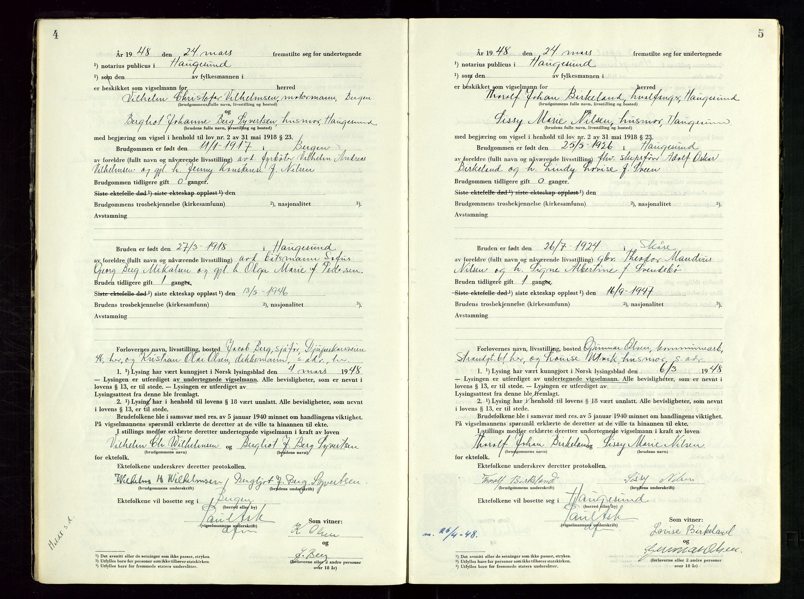 Haugesund tingrett, AV/SAST-A-101415/01/III/IIID/L0006: Vigselbok, 1948-1956, p. 4-5