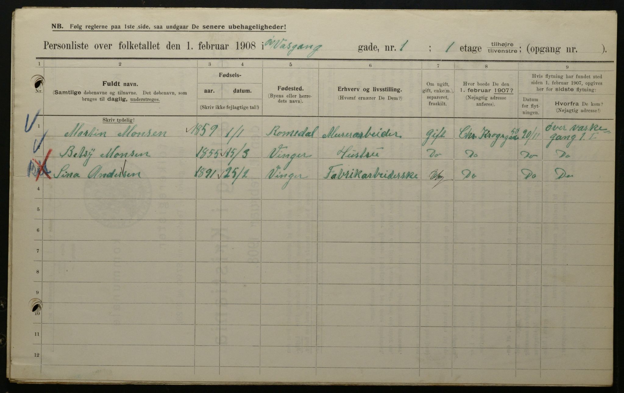 OBA, Municipal Census 1908 for Kristiania, 1908, p. 116737