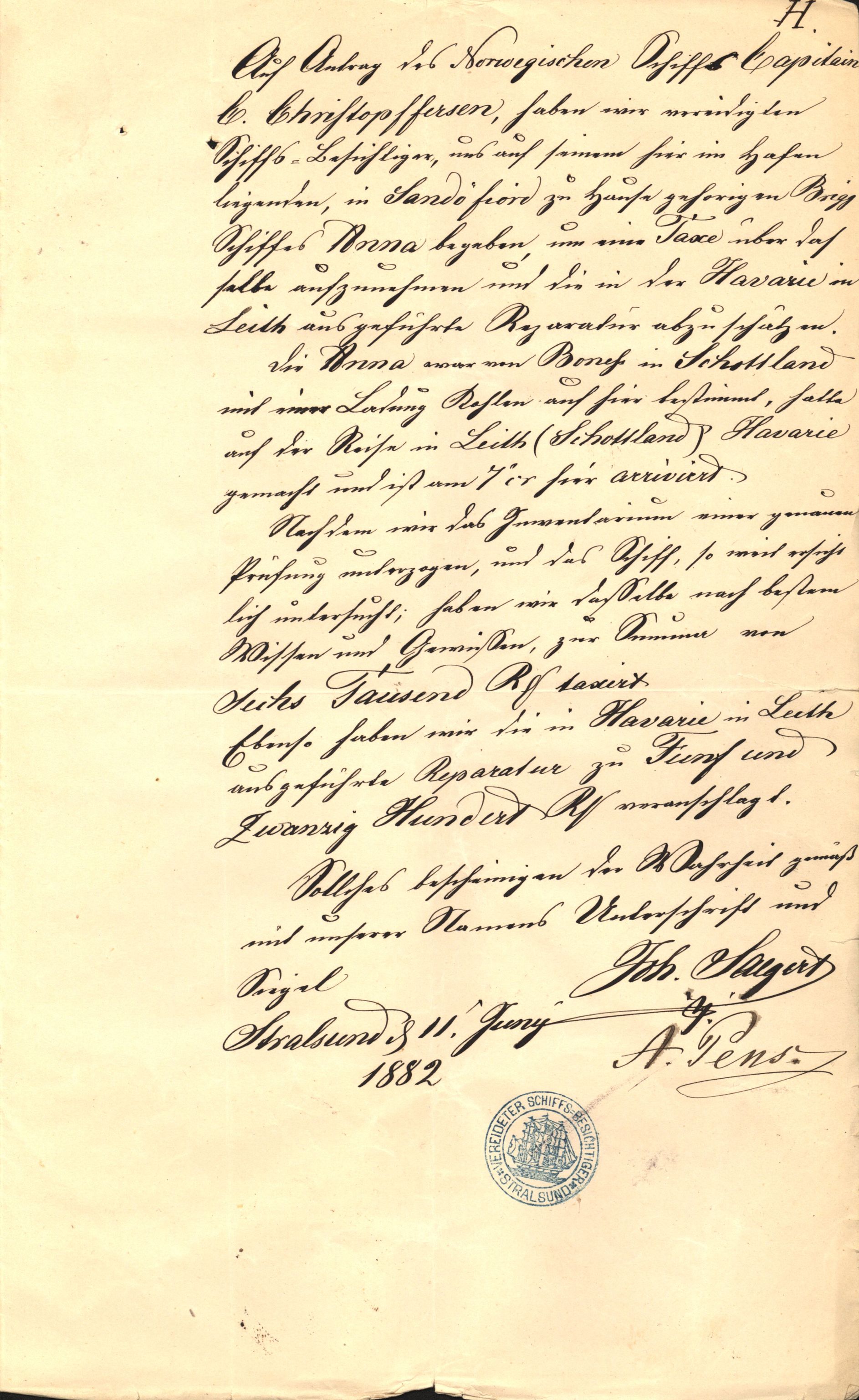 Pa 63 - Østlandske skibsassuranceforening, VEMU/A-1079/G/Ga/L0014/0012: Havaridokumenter / Sophie, Andover, Alliance, Anna, 1882, p. 35