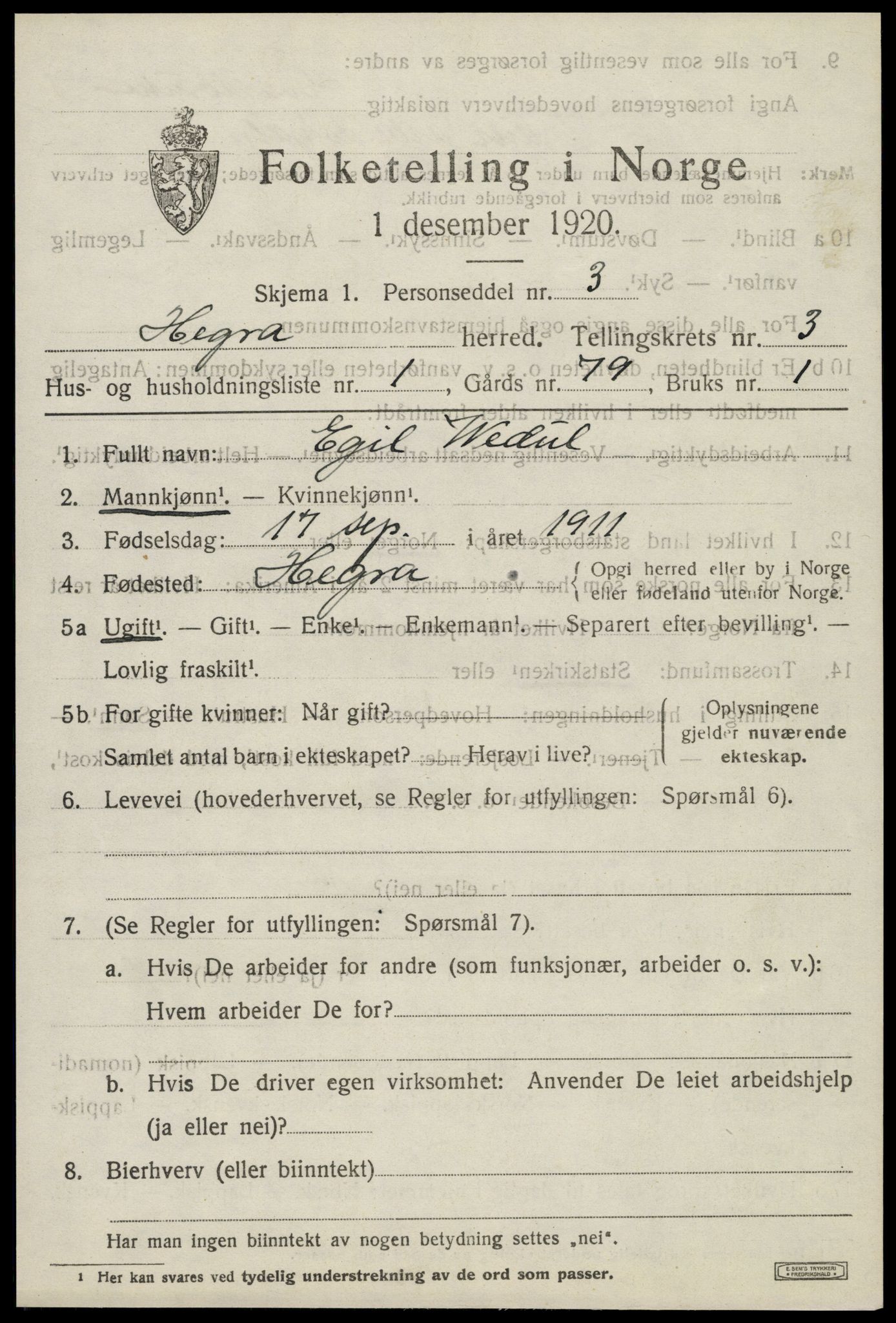 SAT, 1920 census for Hegra, 1920, p. 2364