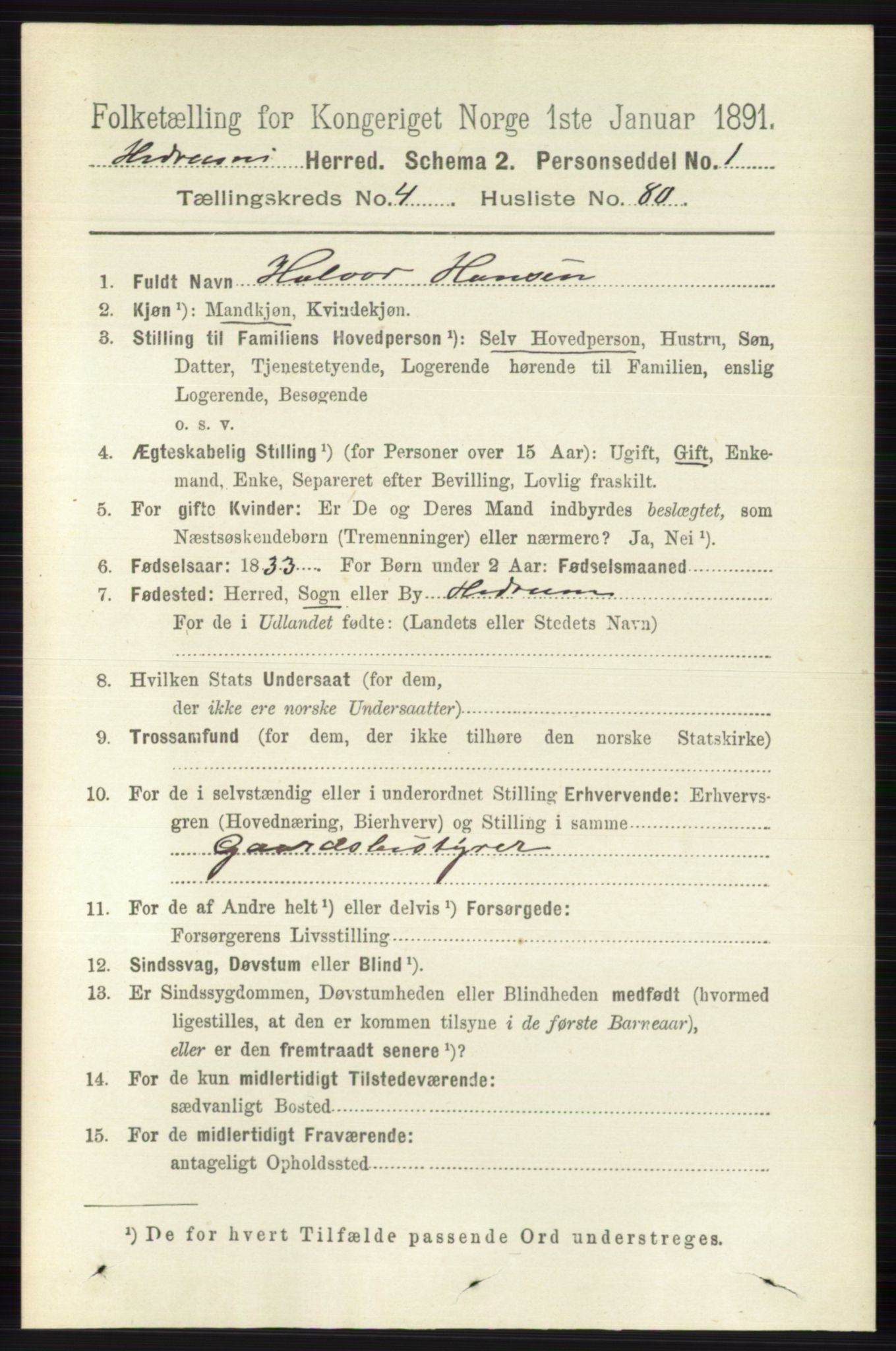 RA, 1891 census for 0727 Hedrum, 1891, p. 1836