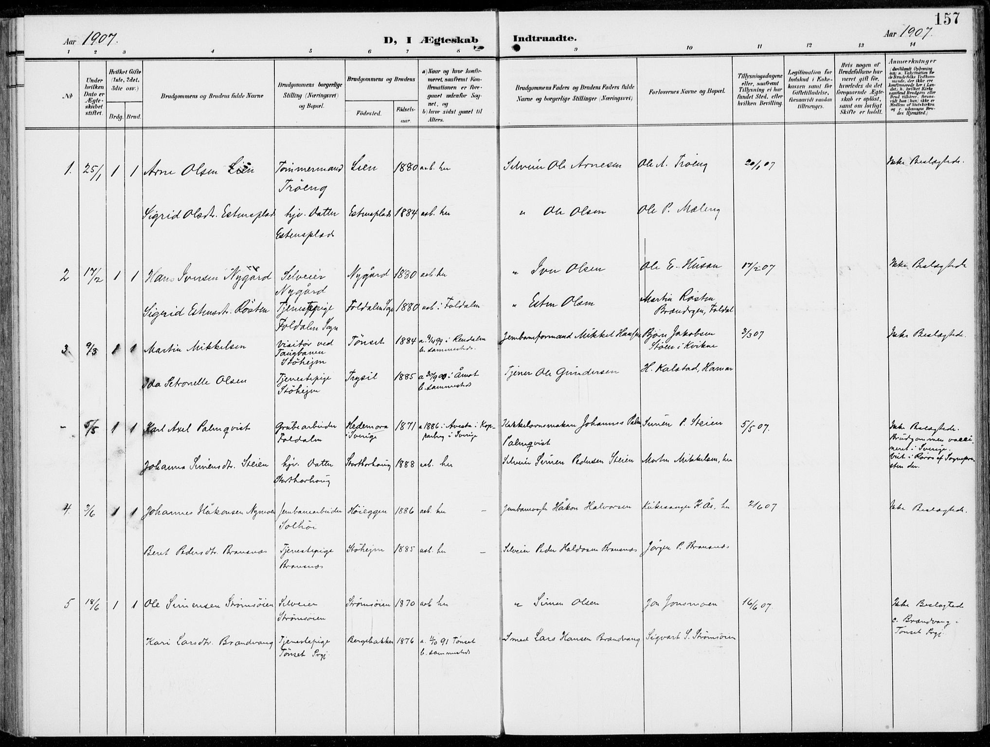 Alvdal prestekontor, SAH/PREST-060/H/Ha/Haa/L0004: Parish register (official) no. 4, 1907-1919, p. 157