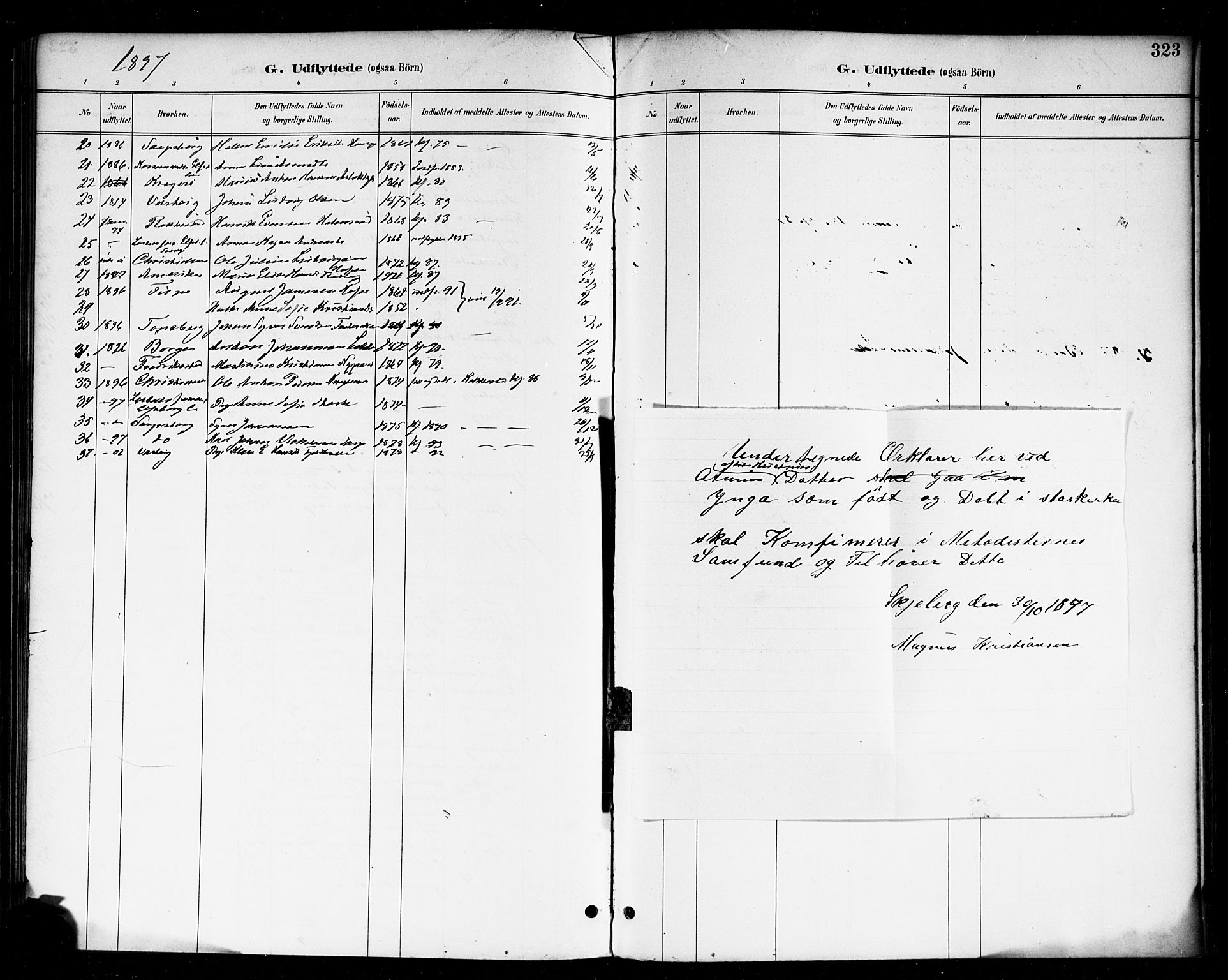 Skjeberg prestekontor Kirkebøker, AV/SAO-A-10923/F/Fa/L0009: Parish register (official) no. I 9, 1886-1897, p. 323