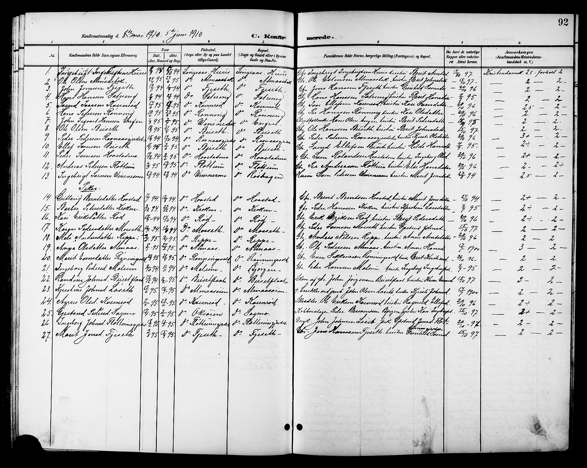 Ministerialprotokoller, klokkerbøker og fødselsregistre - Sør-Trøndelag, SAT/A-1456/688/L1029: Parish register (copy) no. 688C04, 1899-1915, p. 92