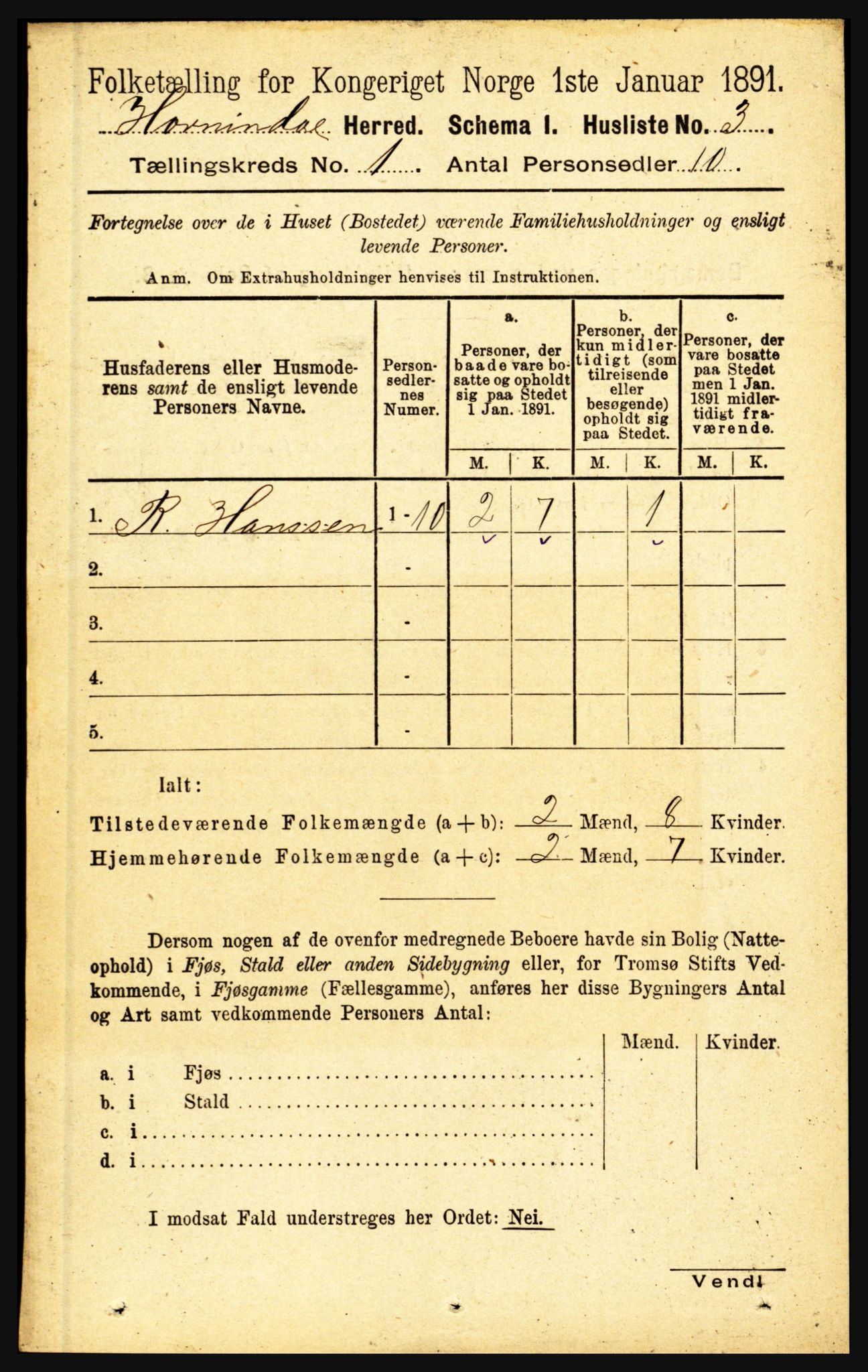 RA, 1891 census for 1444 Hornindal, 1891, p. 26