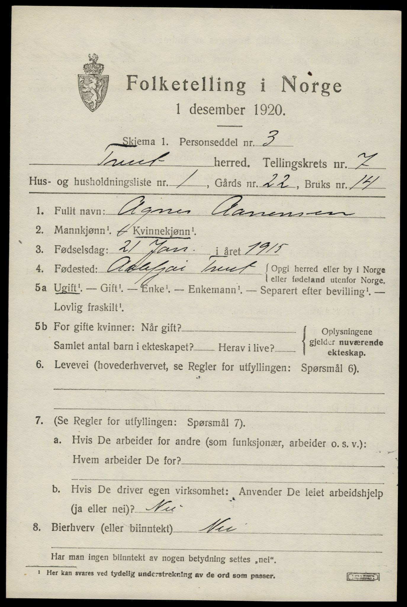 SAK, 1920 census for Tveit, 1920, p. 3200