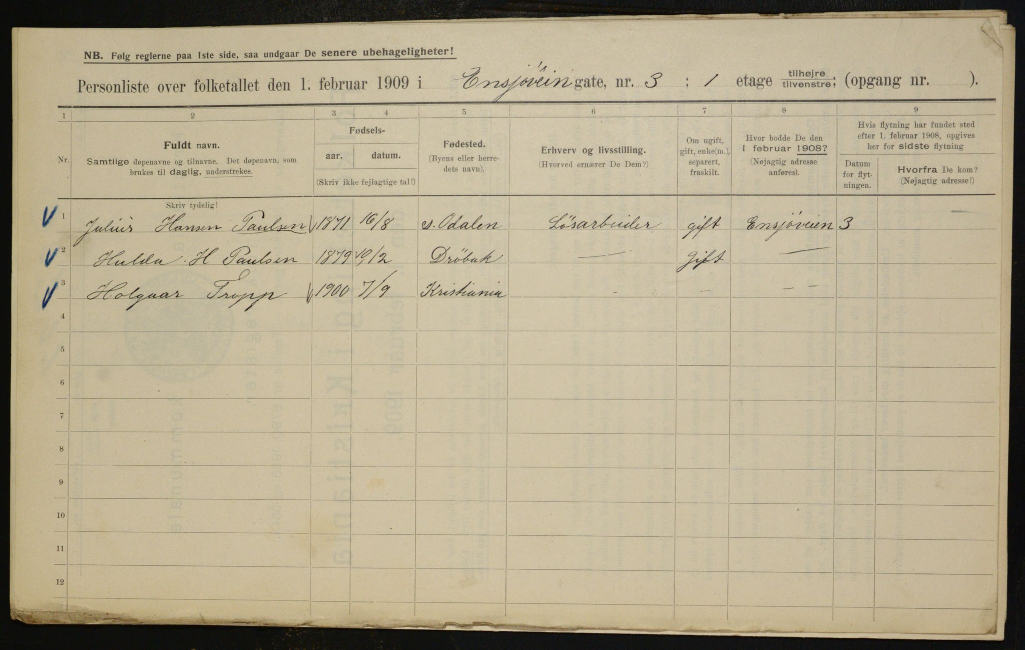 OBA, Municipal Census 1909 for Kristiania, 1909, p. 19812