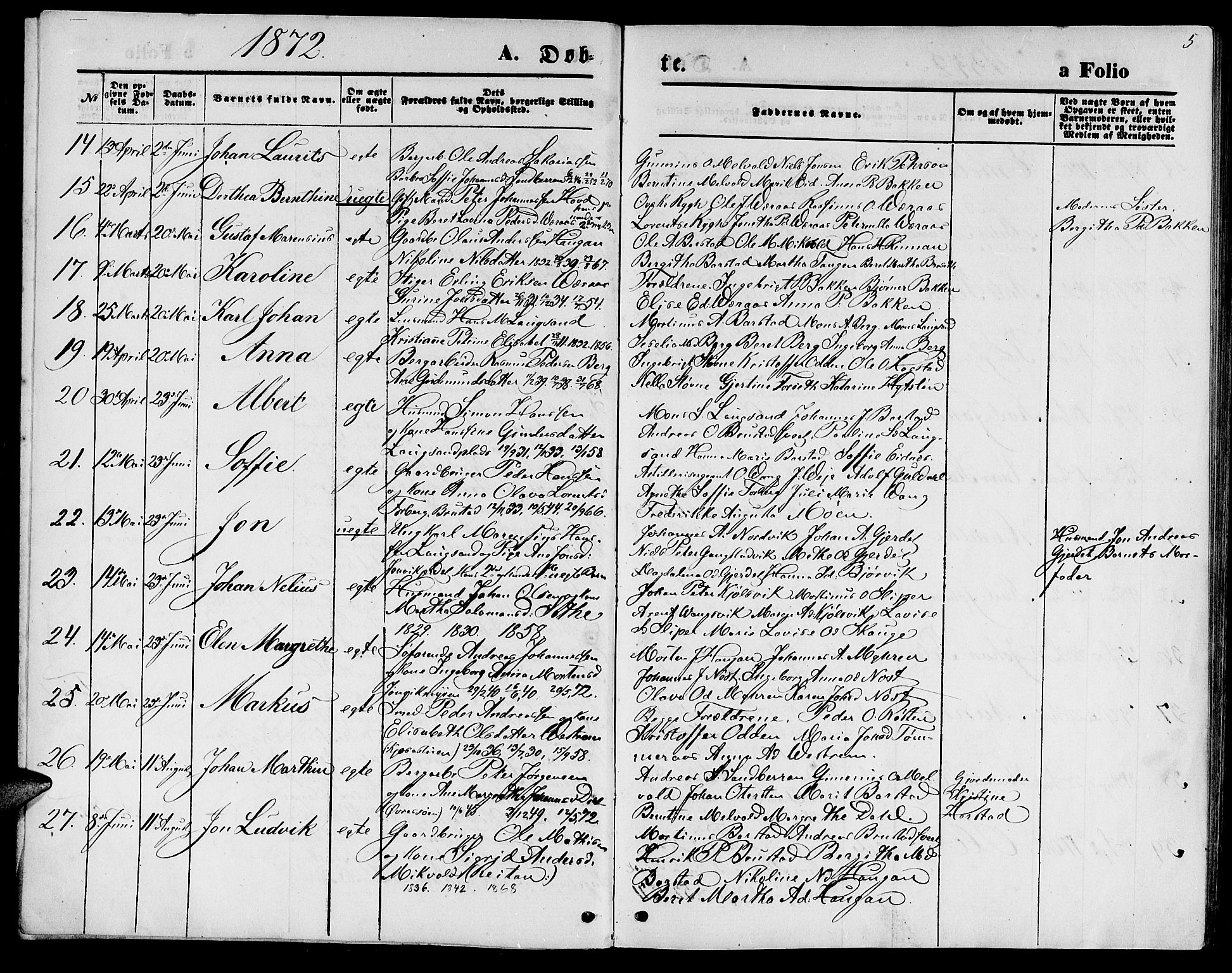 Ministerialprotokoller, klokkerbøker og fødselsregistre - Nord-Trøndelag, AV/SAT-A-1458/722/L0225: Parish register (copy) no. 722C01, 1871-1888, p. 5