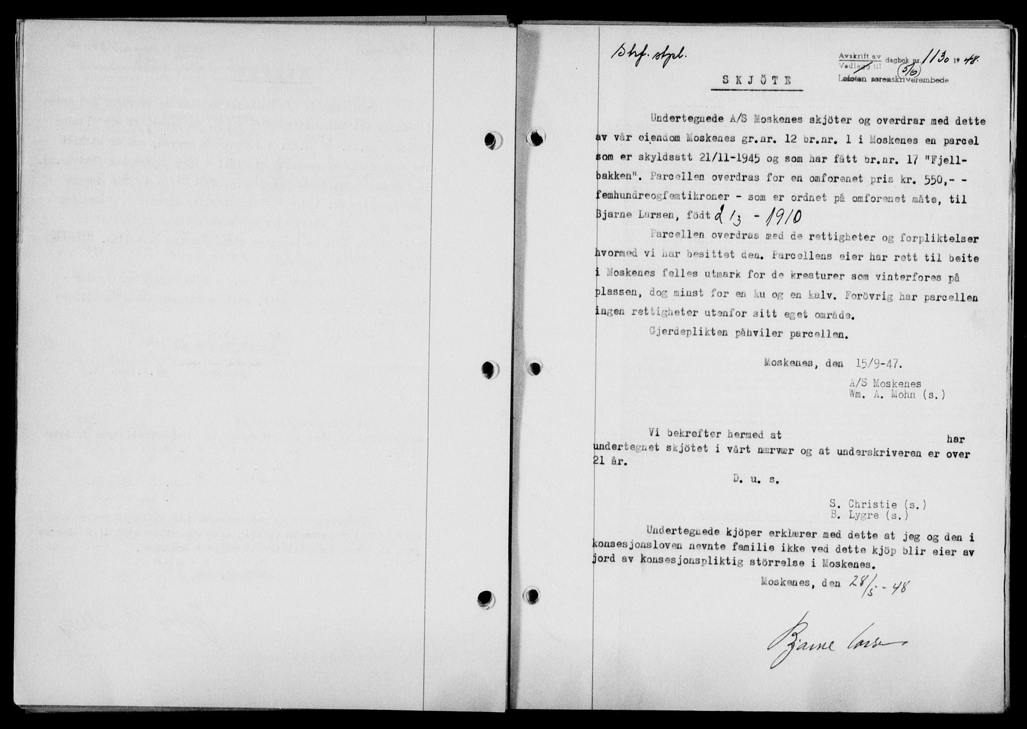 Lofoten sorenskriveri, SAT/A-0017/1/2/2C/L0018a: Mortgage book no. 18a, 1948-1948, Diary no: : 1130/1948