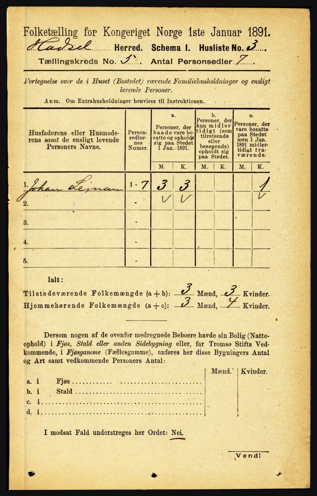 RA, 1891 census for 1866 Hadsel, 1891, p. 2056