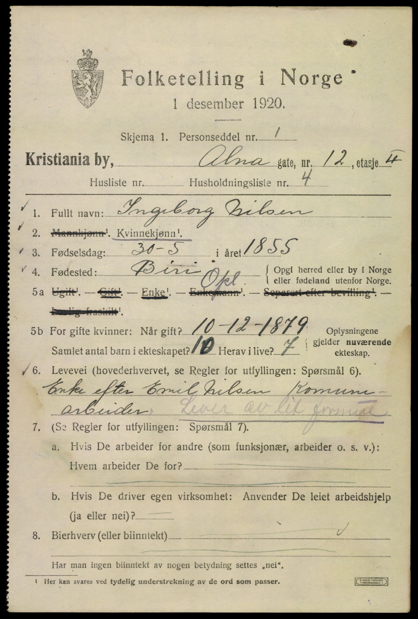 SAO, 1920 census for Kristiania, 1920, p. 141601