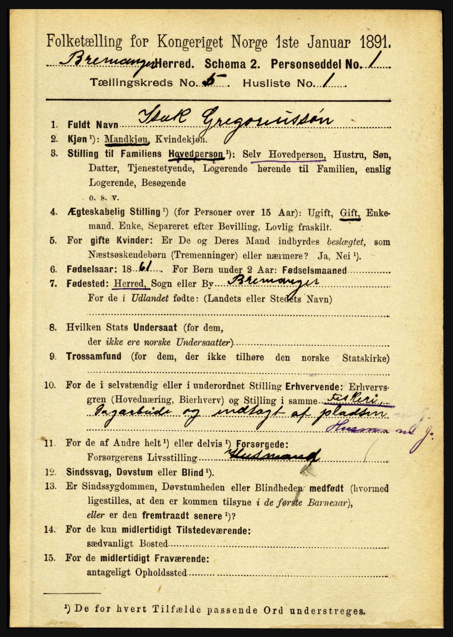 RA, 1891 census for 1438 Bremanger, 1891, p. 1965