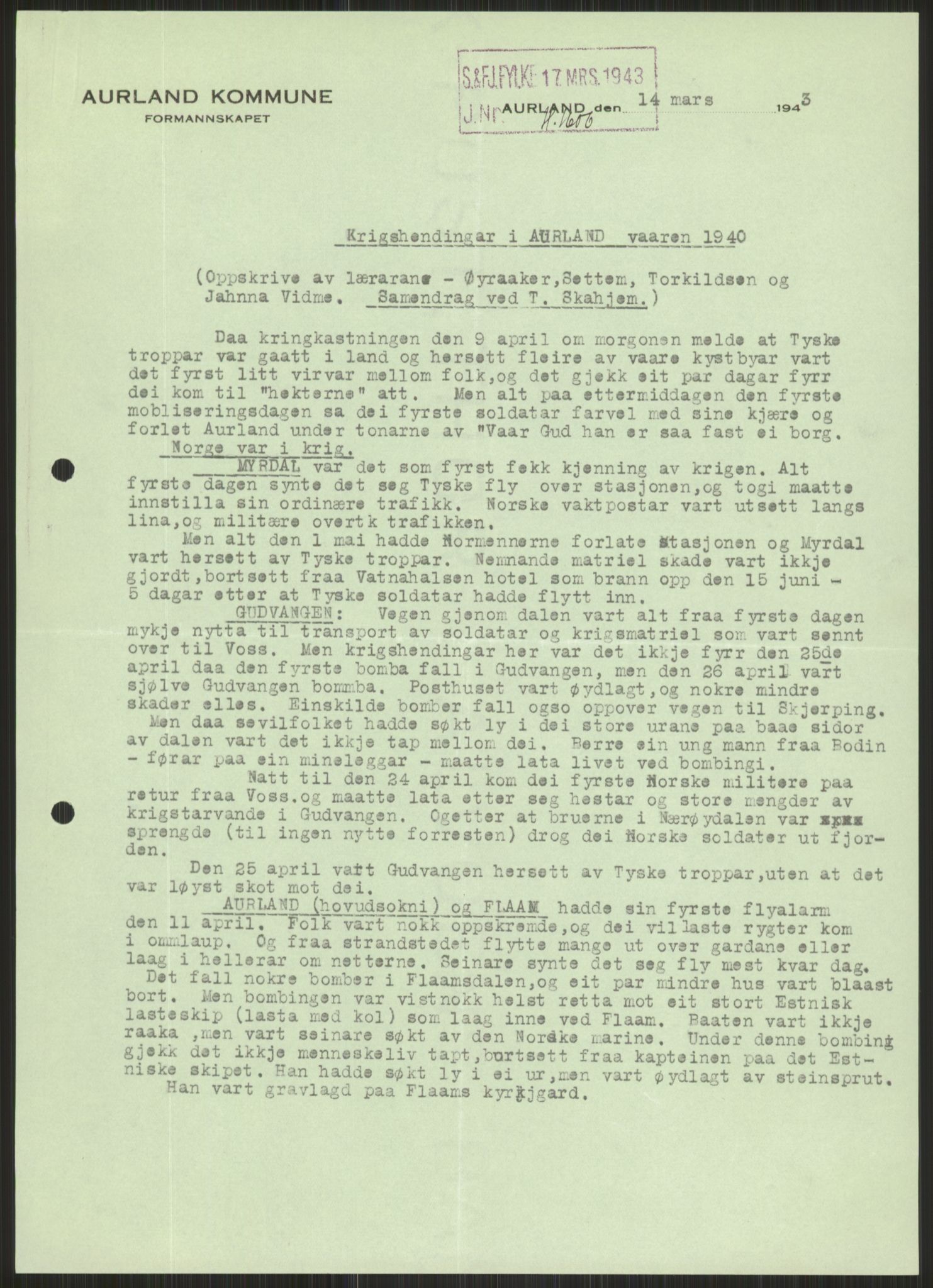 Forsvaret, Forsvarets krigshistoriske avdeling, AV/RA-RAFA-2017/Y/Ya/L0015: II-C-11-31 - Fylkesmenn.  Rapporter om krigsbegivenhetene 1940., 1940, p. 504