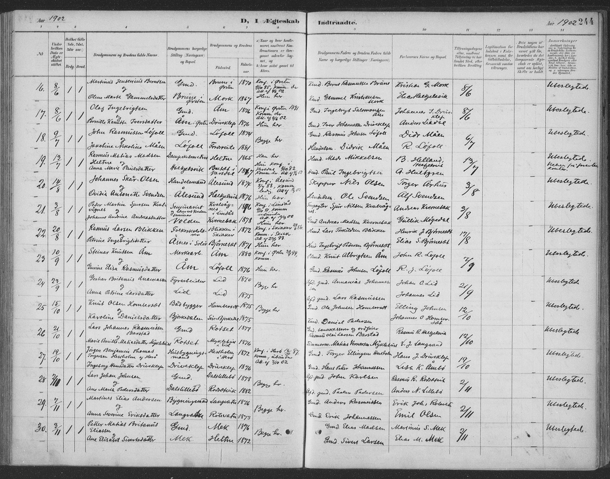 Ministerialprotokoller, klokkerbøker og fødselsregistre - Møre og Romsdal, AV/SAT-A-1454/511/L0142: Parish register (official) no. 511A09, 1891-1905, p. 244