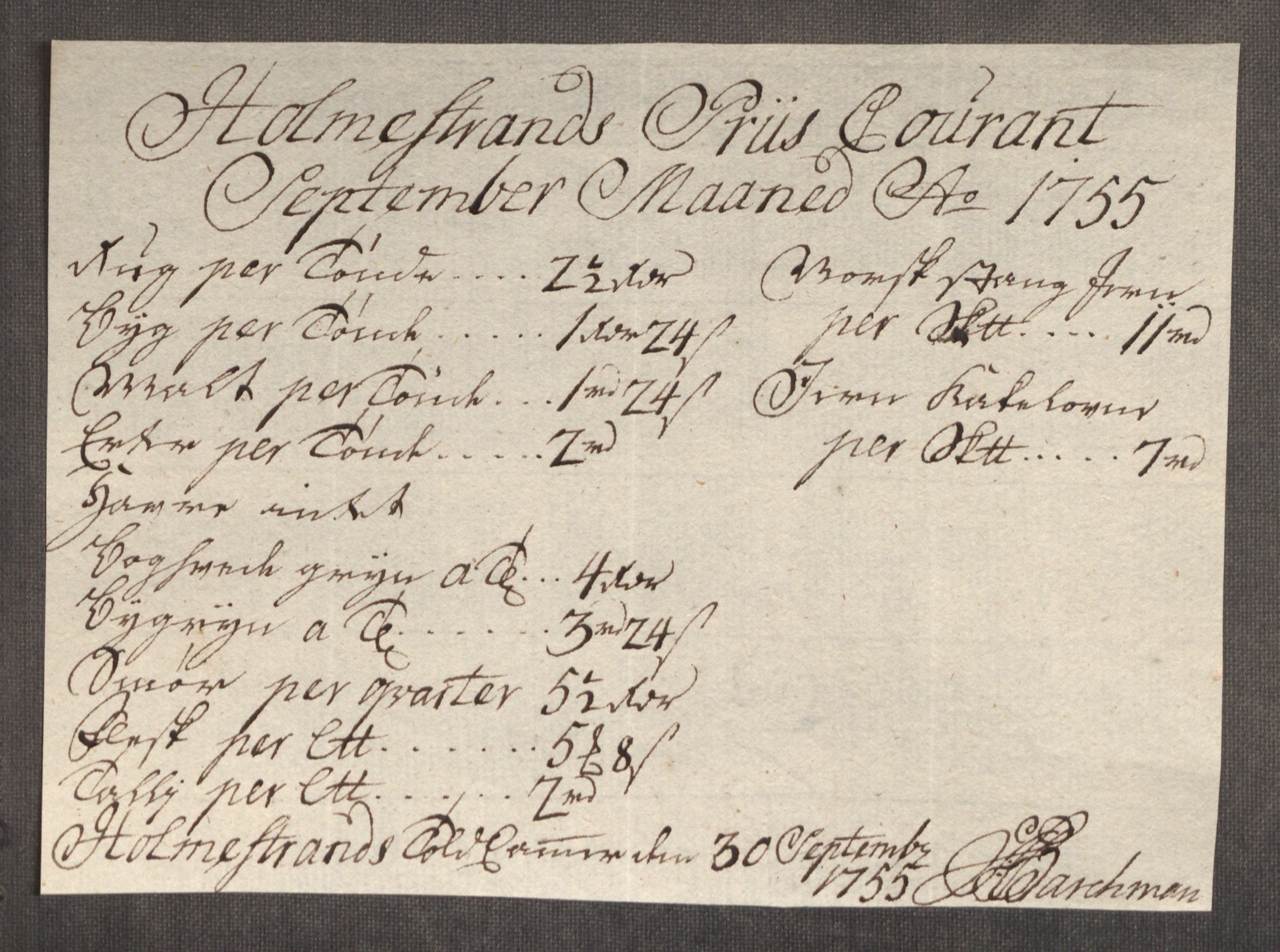 Rentekammeret inntil 1814, Realistisk ordnet avdeling, AV/RA-EA-4070/Oe/L0005: [Ø1]: Priskuranter, 1753-1757, p. 464