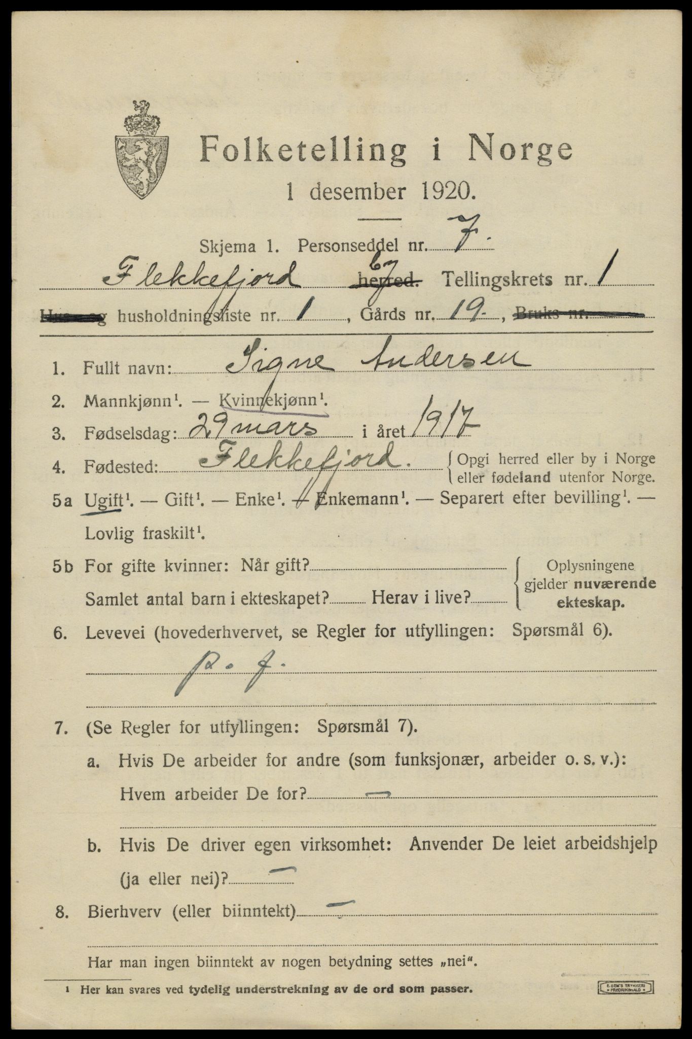 SAK, 1920 census for Flekkefjord, 1920, p. 2064