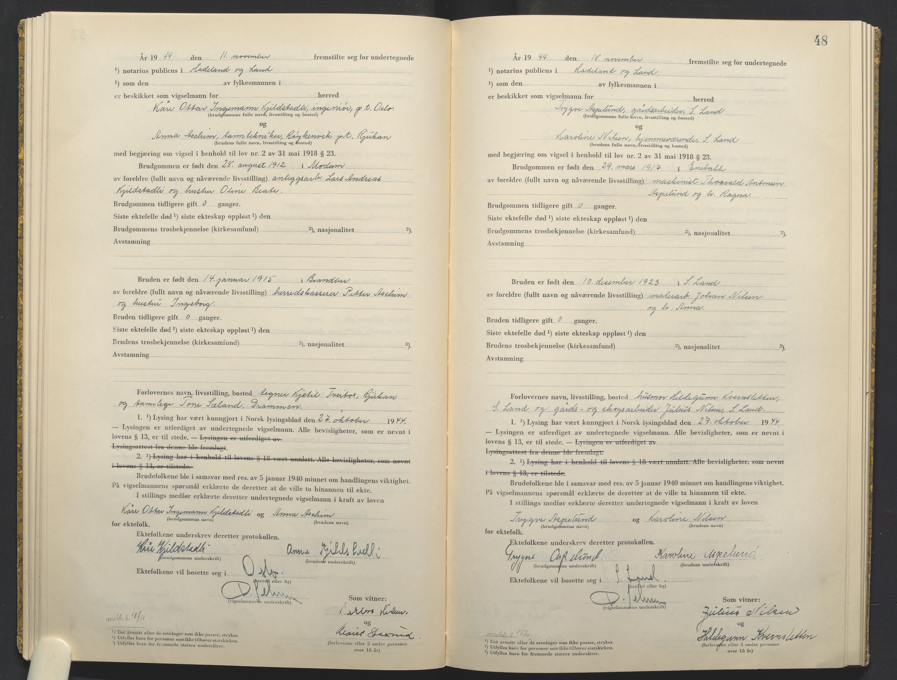 Hadeland og Land tingrett, AV/SAH-TING-010/L/Lb/L0003: Vigselbok, 1944-1946, p. 48