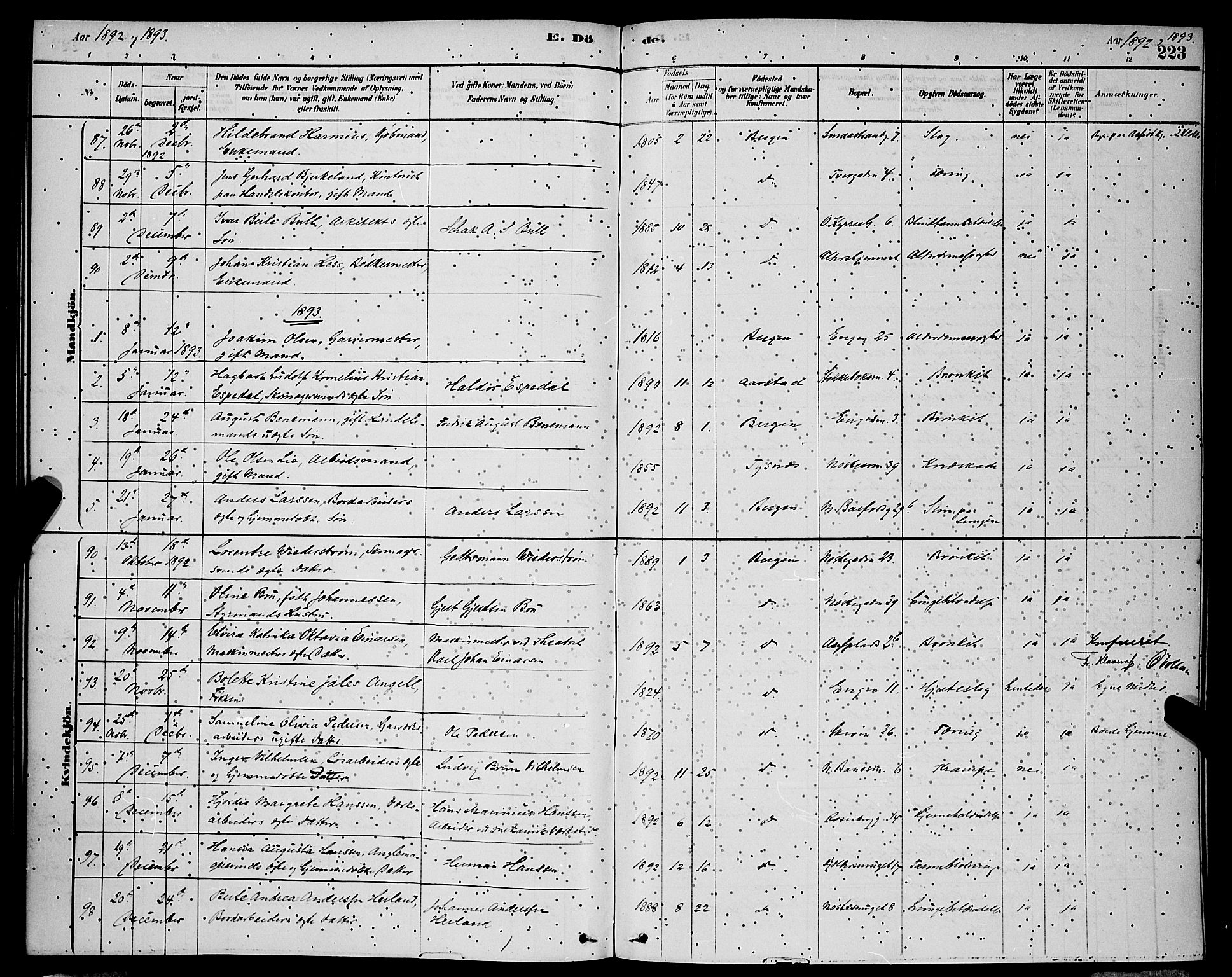 Domkirken sokneprestembete, SAB/A-74801/H/Hab/L0041: Parish register (copy) no. E 5, 1878-1900, p. 223